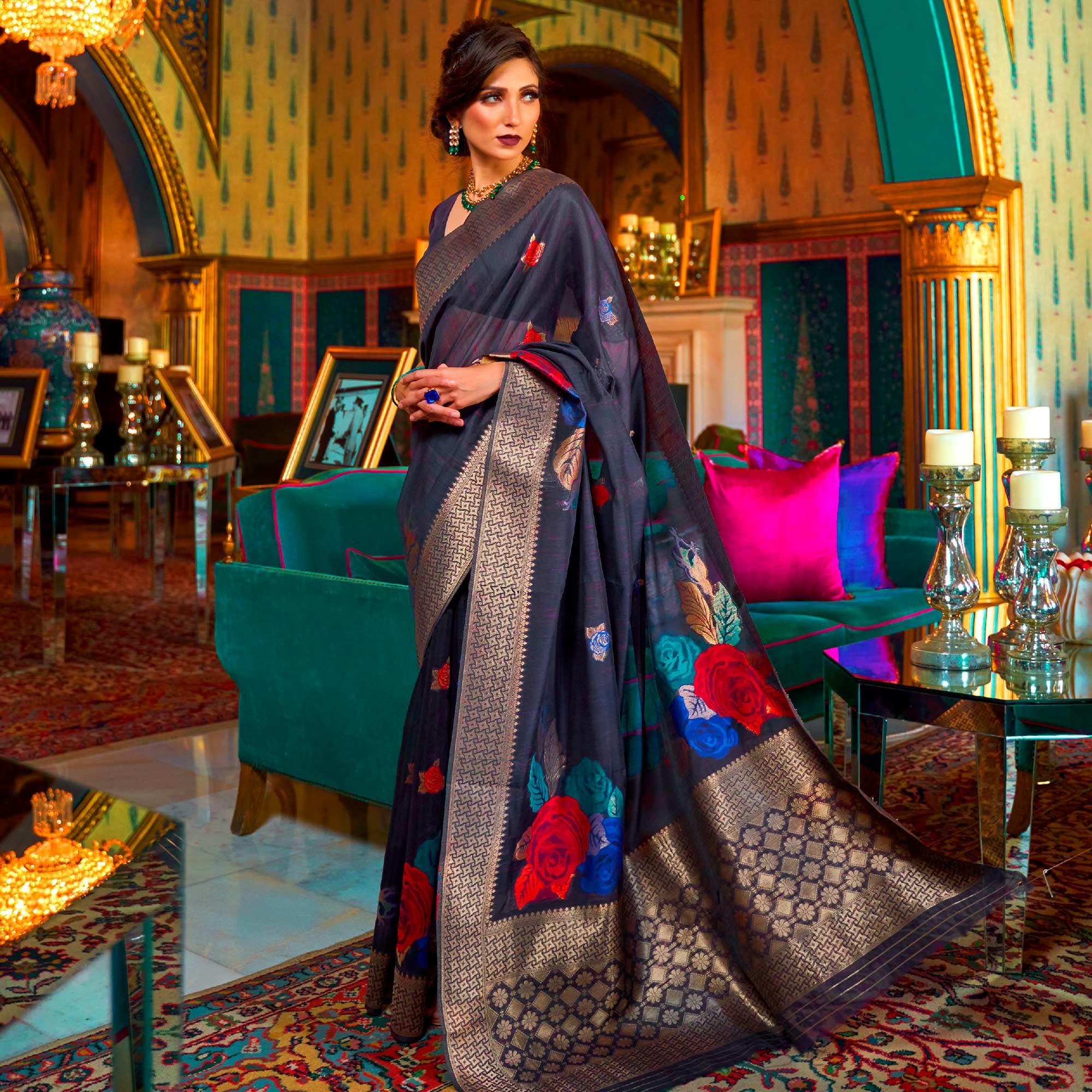 Capricious Navy Blue Coloured Festive Wear Woven Multi Slub Soft Silk Saree - Peachmode