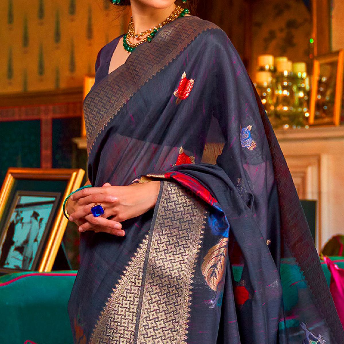 Capricious Navy Blue Coloured Festive Wear Woven Multi Slub Soft Silk Saree - Peachmode