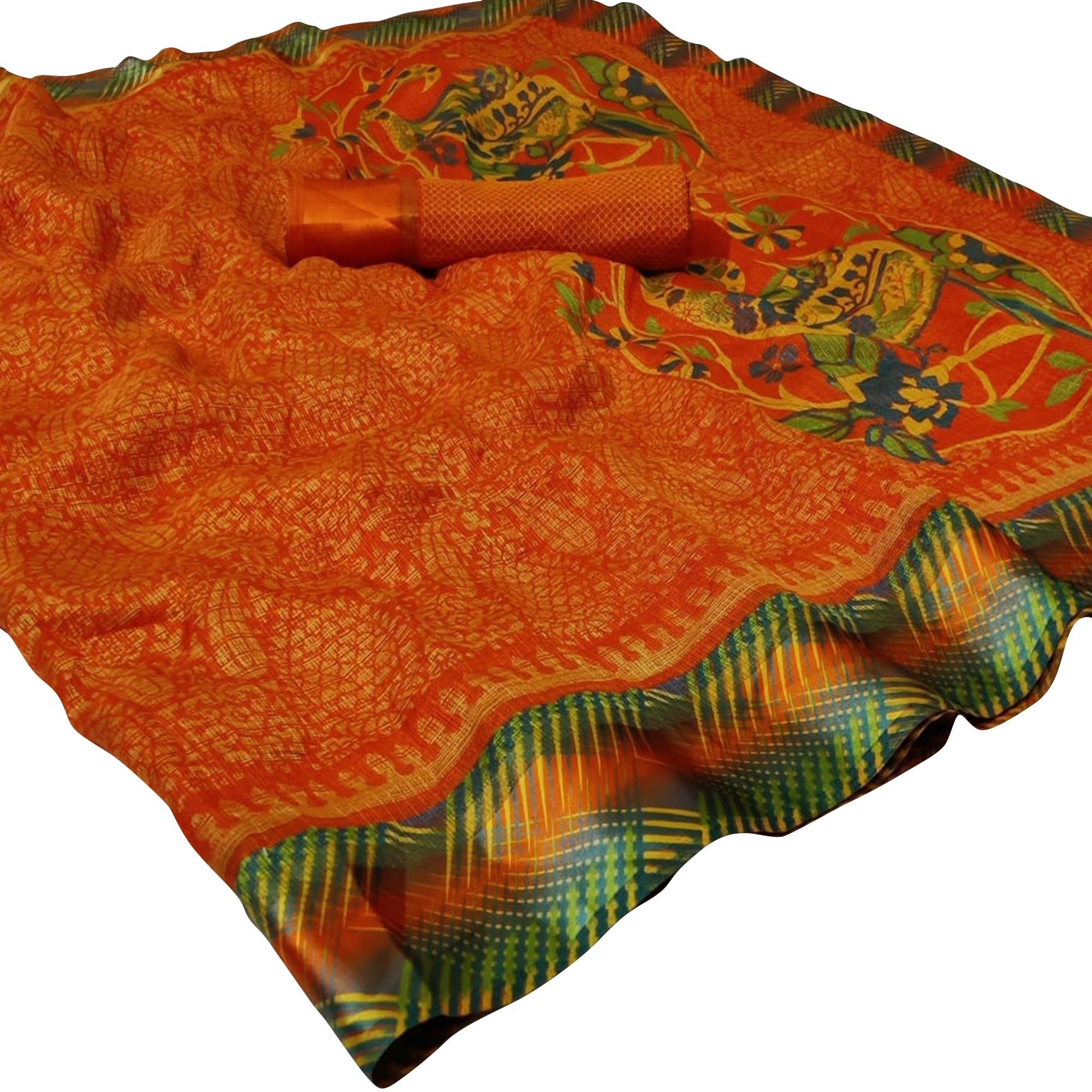 Capricious Orange Colored Casual Printed Kota Doria Satin Saree - Peachmode