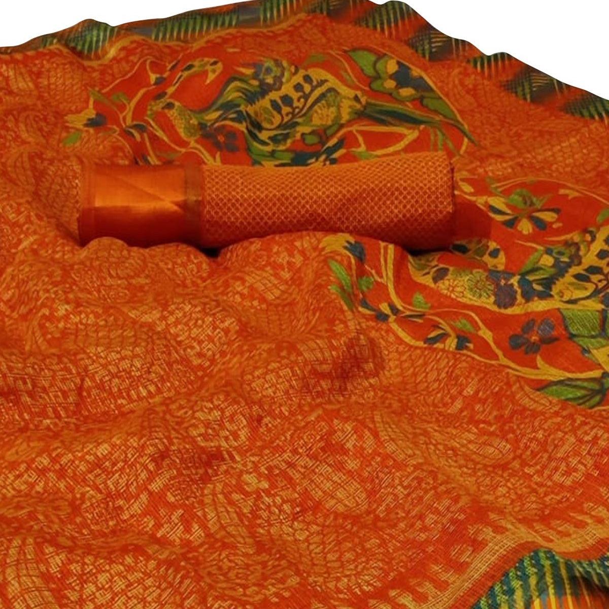 Capricious Orange Colored Casual Printed Kota Doria Satin Saree - Peachmode