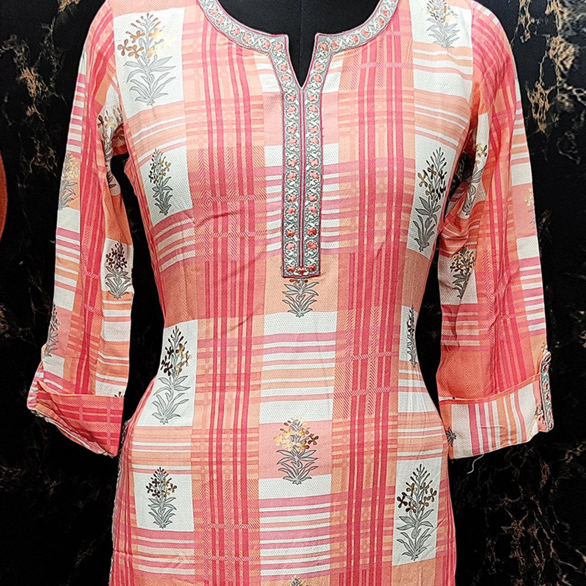 Capricious Peach Colored Casual Wear Embroidered Rayon Kurti - Palazzo Set - Peachmode