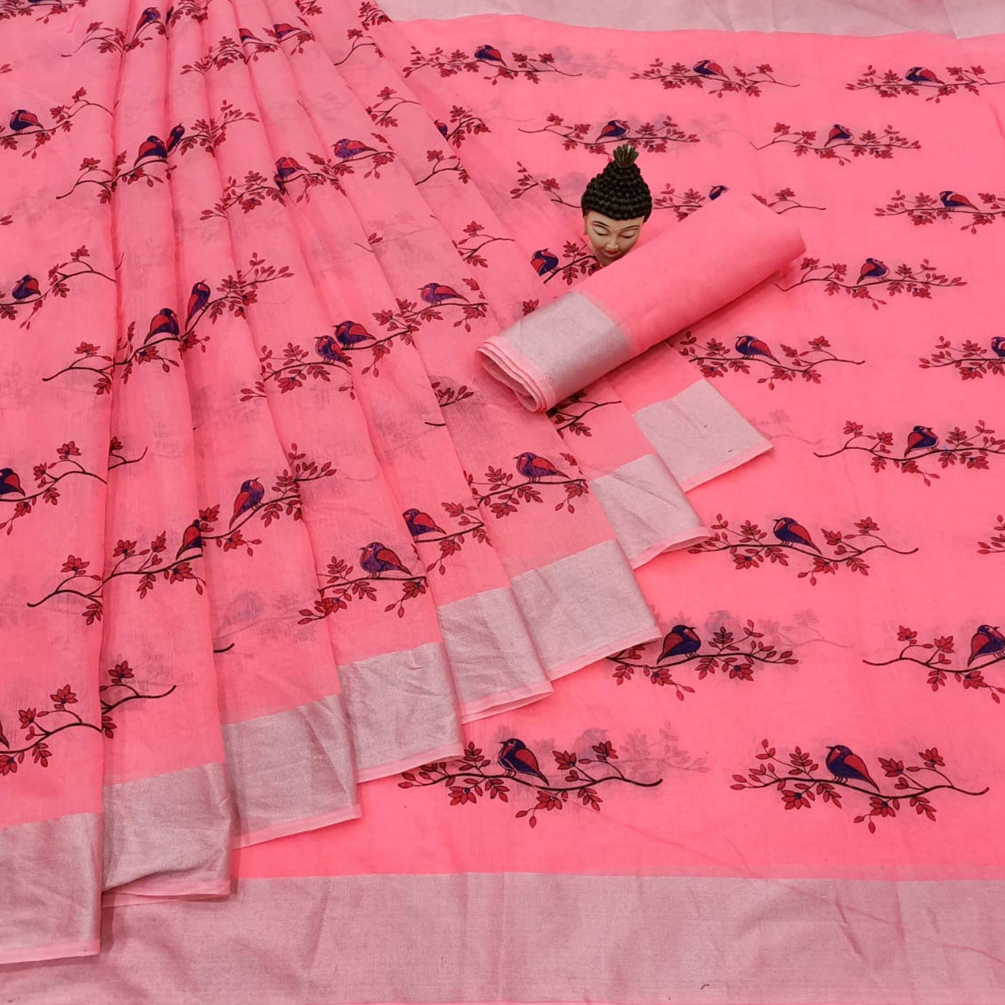 Capricious Peach Colored Casual Wear Printed Cotton Linen Saree - Peachmode
