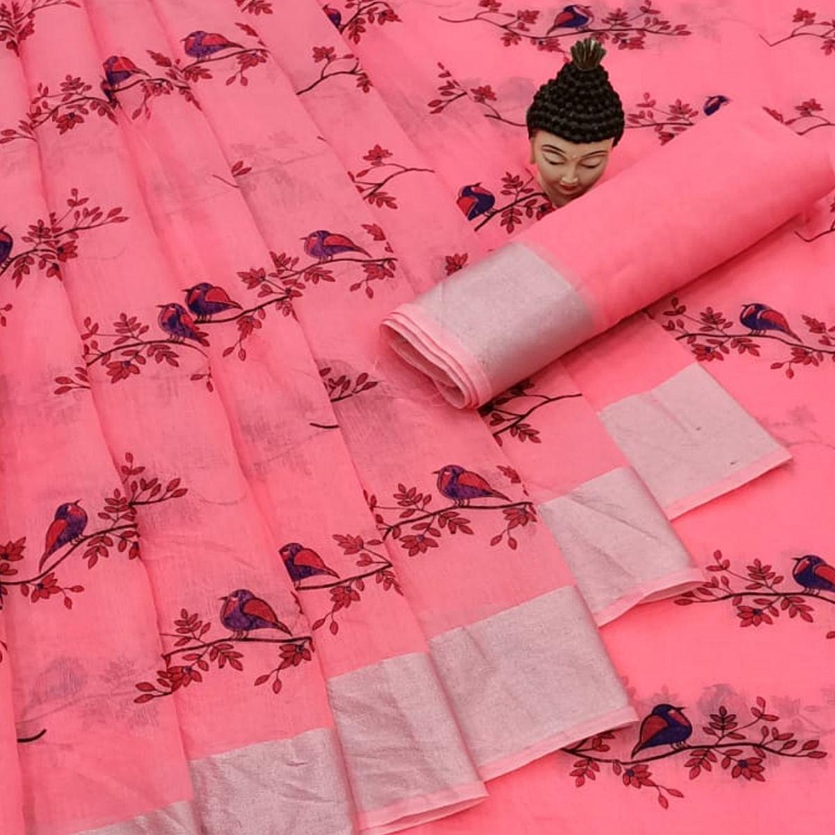 Capricious Peach Colored Casual Wear Printed Cotton Linen Saree - Peachmode