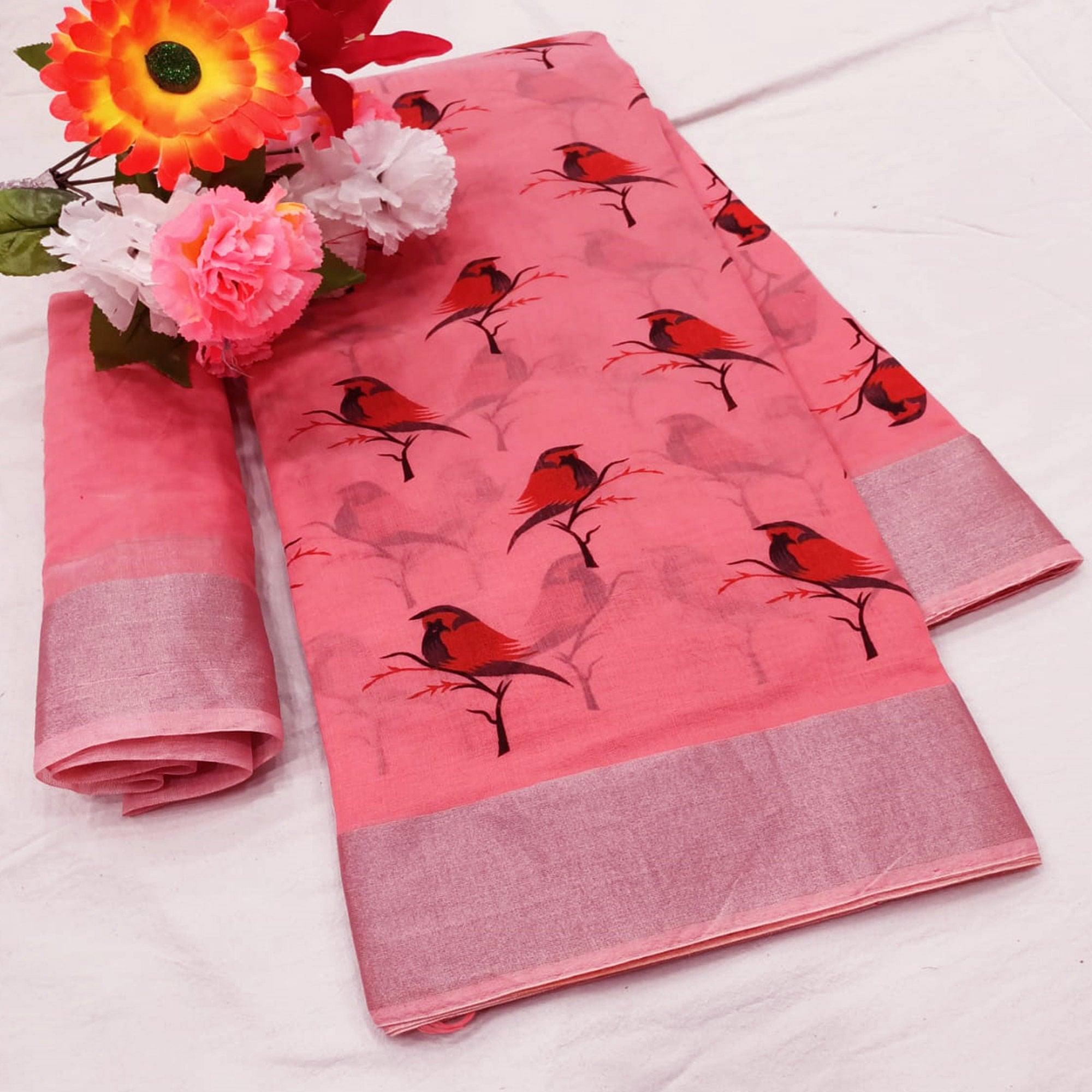 Capricious Peach Colored Casual Wear Printed Cotton Linen Saree - Peachmode