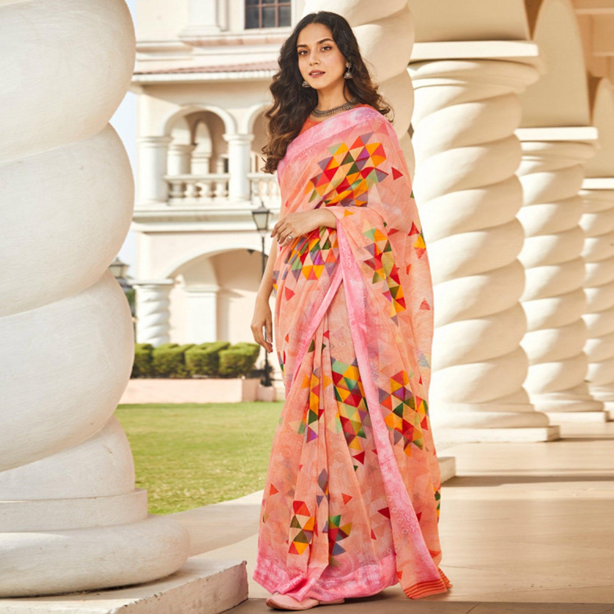 Capricious Peach Colored Casual Wear Printed Linen - Cotton Saree - Peachmode