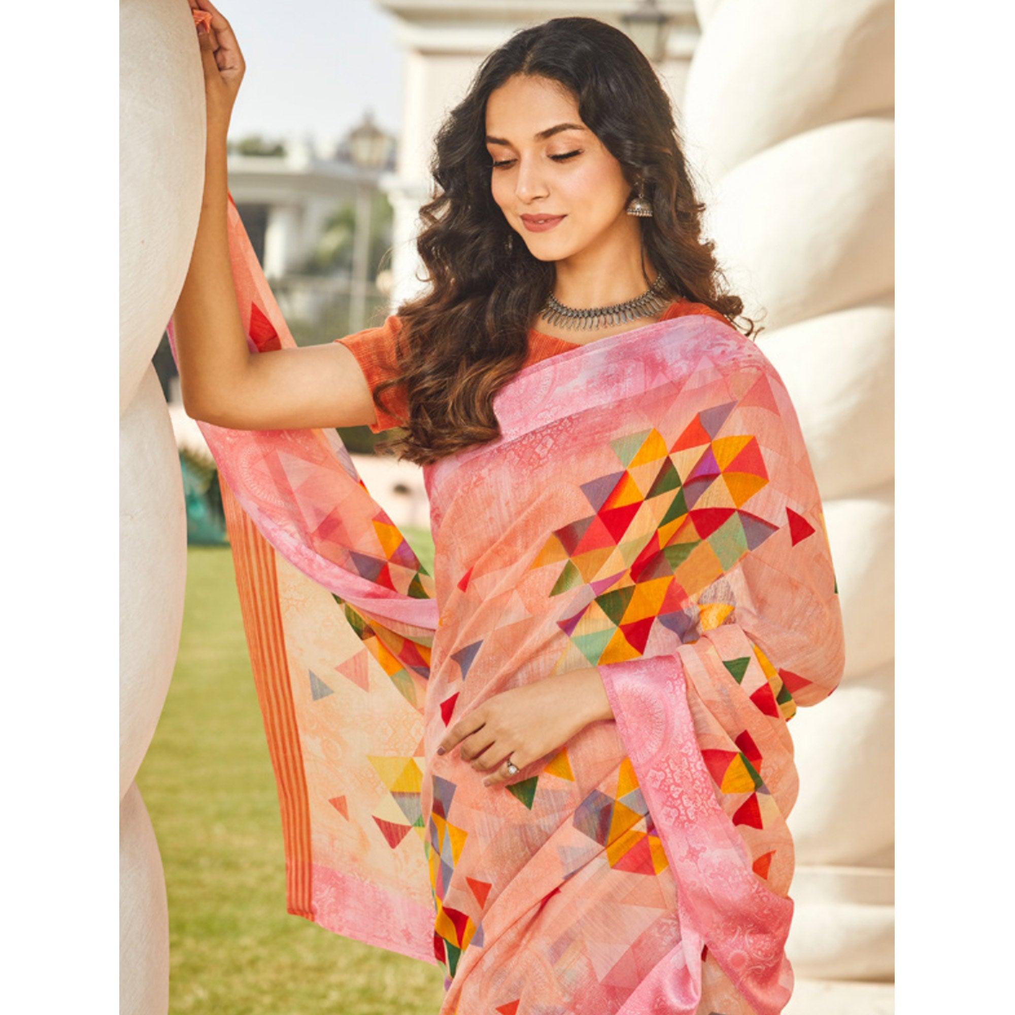 Capricious Peach Colored Casual Wear Printed Linen - Cotton Saree - Peachmode