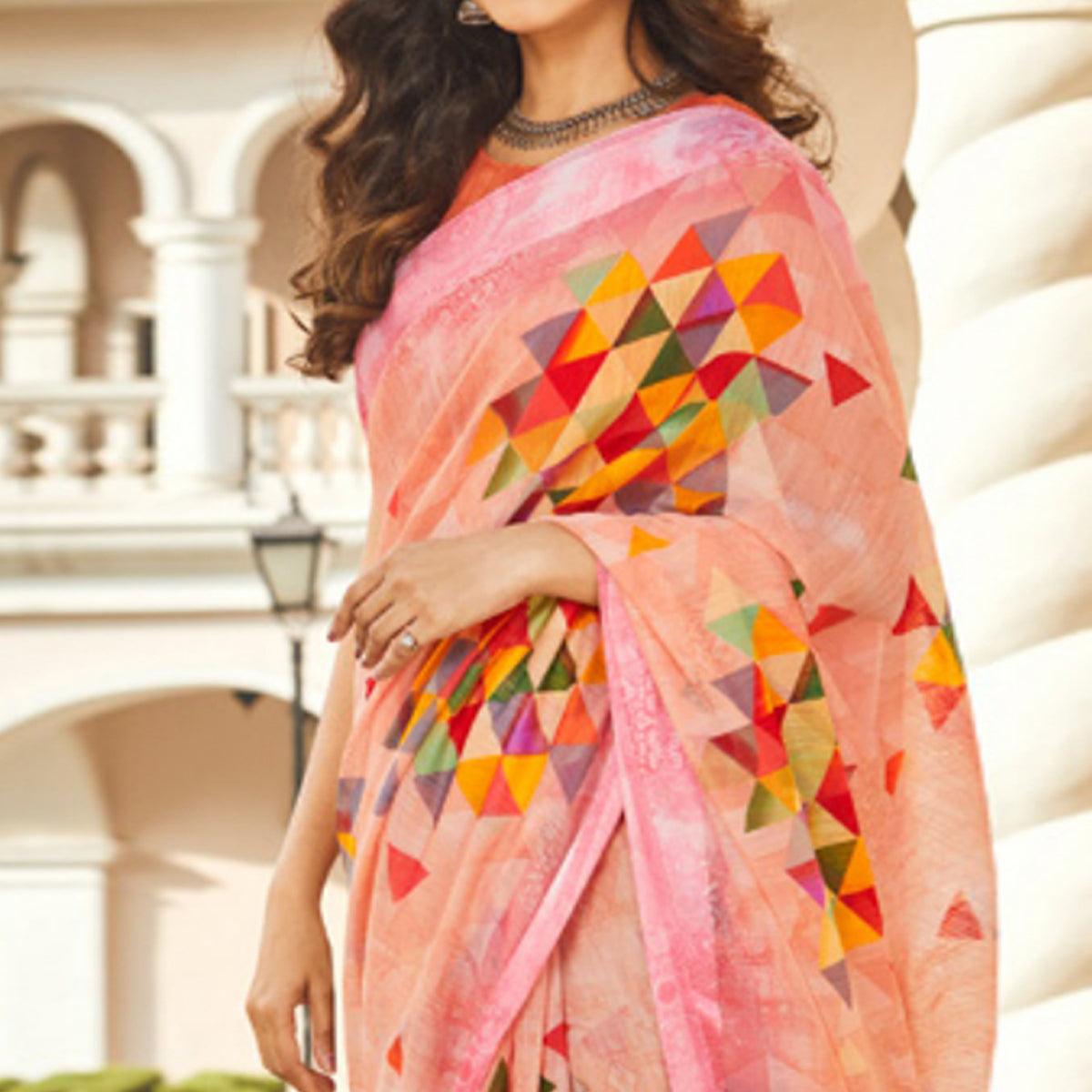 Capricious Peach Colored Casual Wear Printed Linen - Cotton Saree - Peachmode