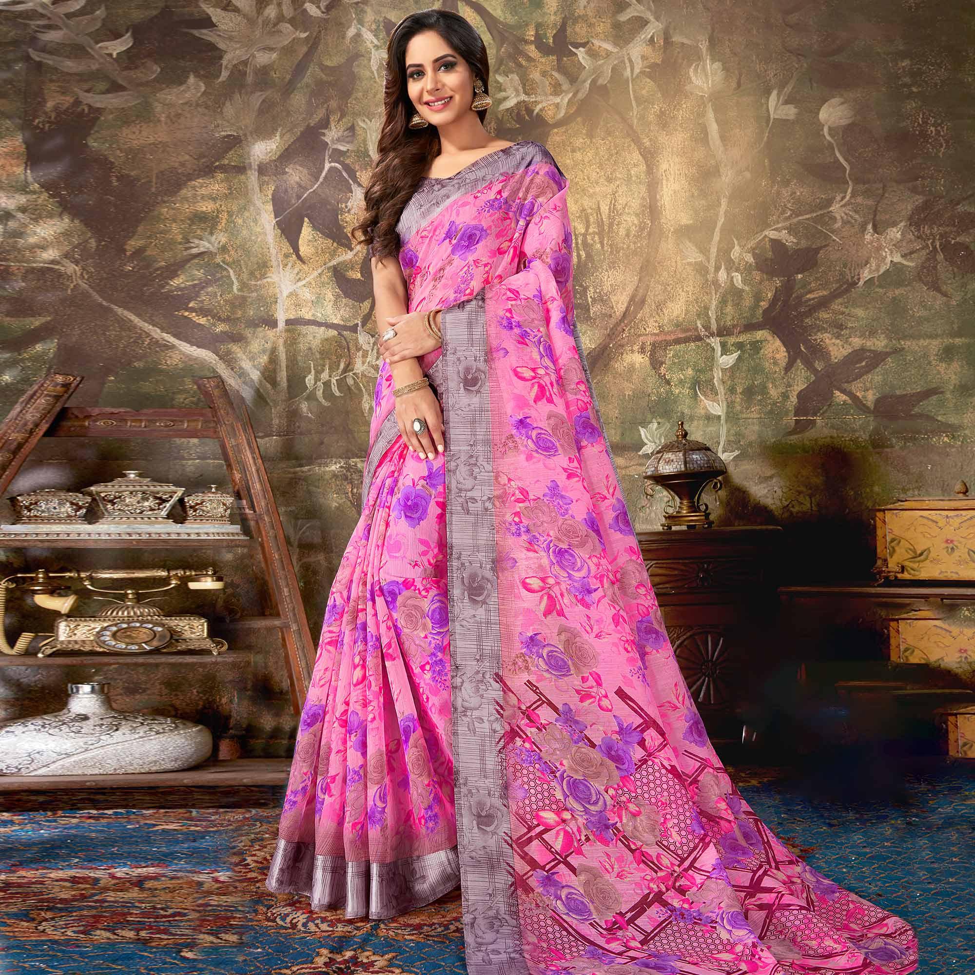 Capricious Pink Colored Casual Wear Floral Printed Cotton Saree - Peachmode