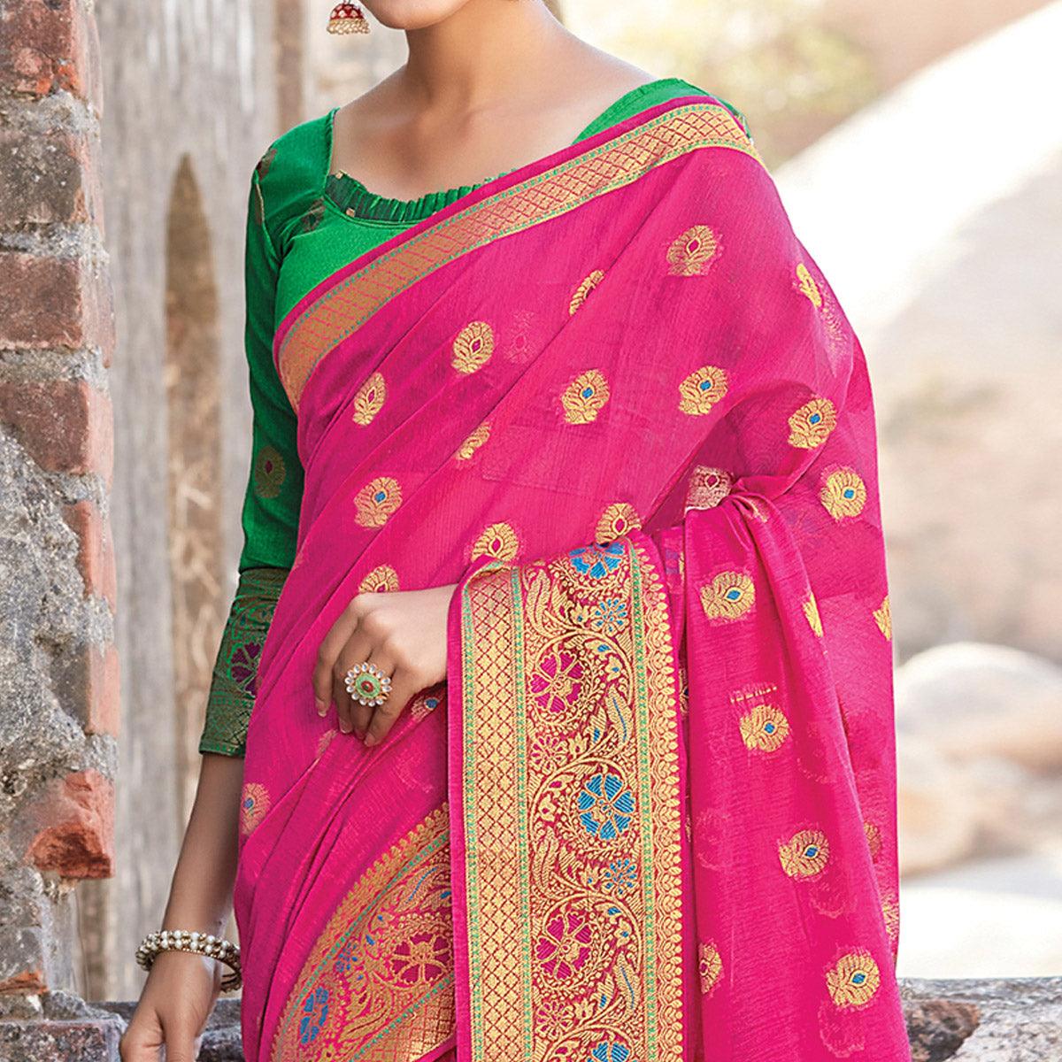 Capricious Pink Colored Festive Wear Woven Cotton Handloom Saree - Peachmode