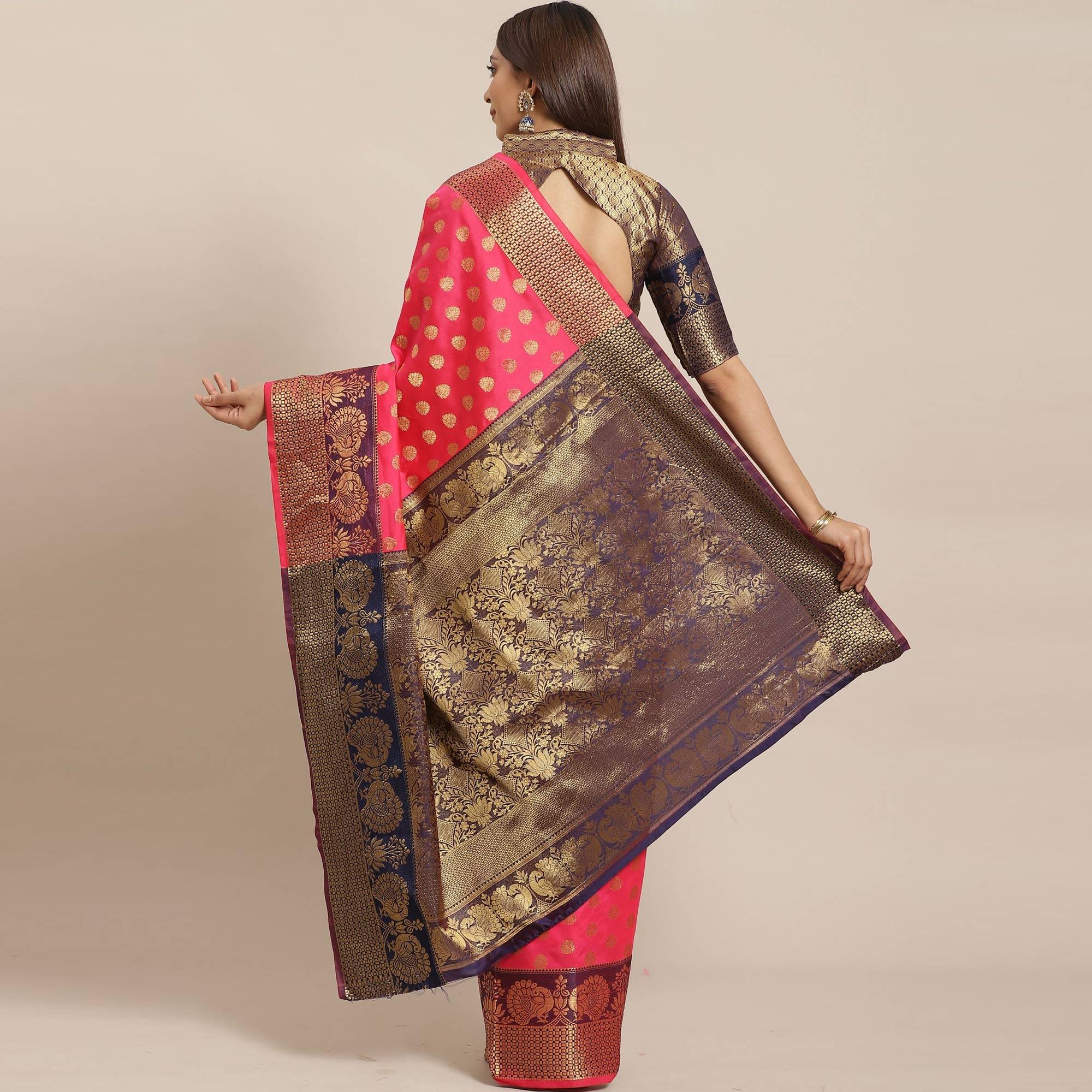 Capricious Pink Colored Festive Wear Woven Silk Blend Saree - Peachmode