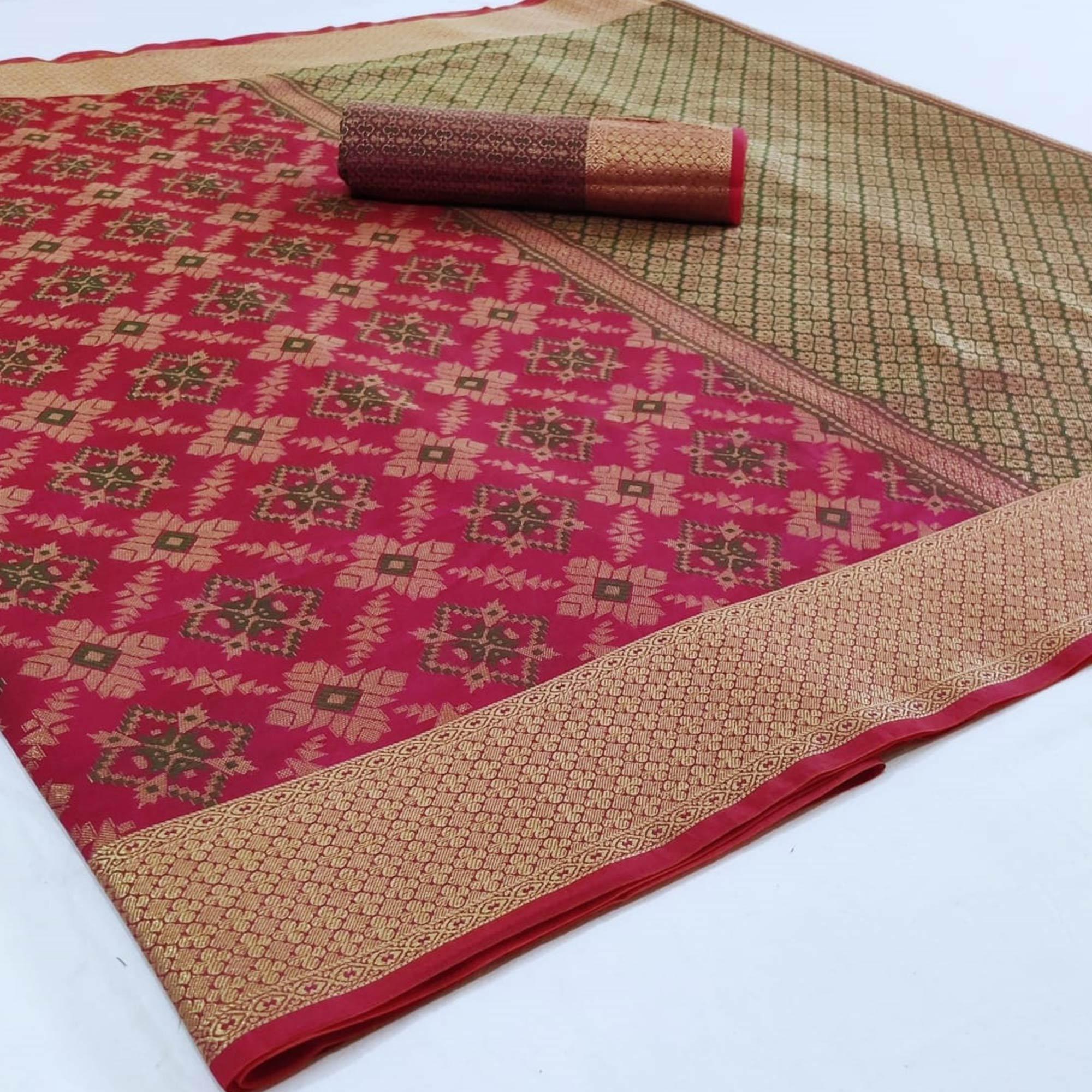 Capricious Pink Colored Festive Wear Woven Silk Saree - Peachmode