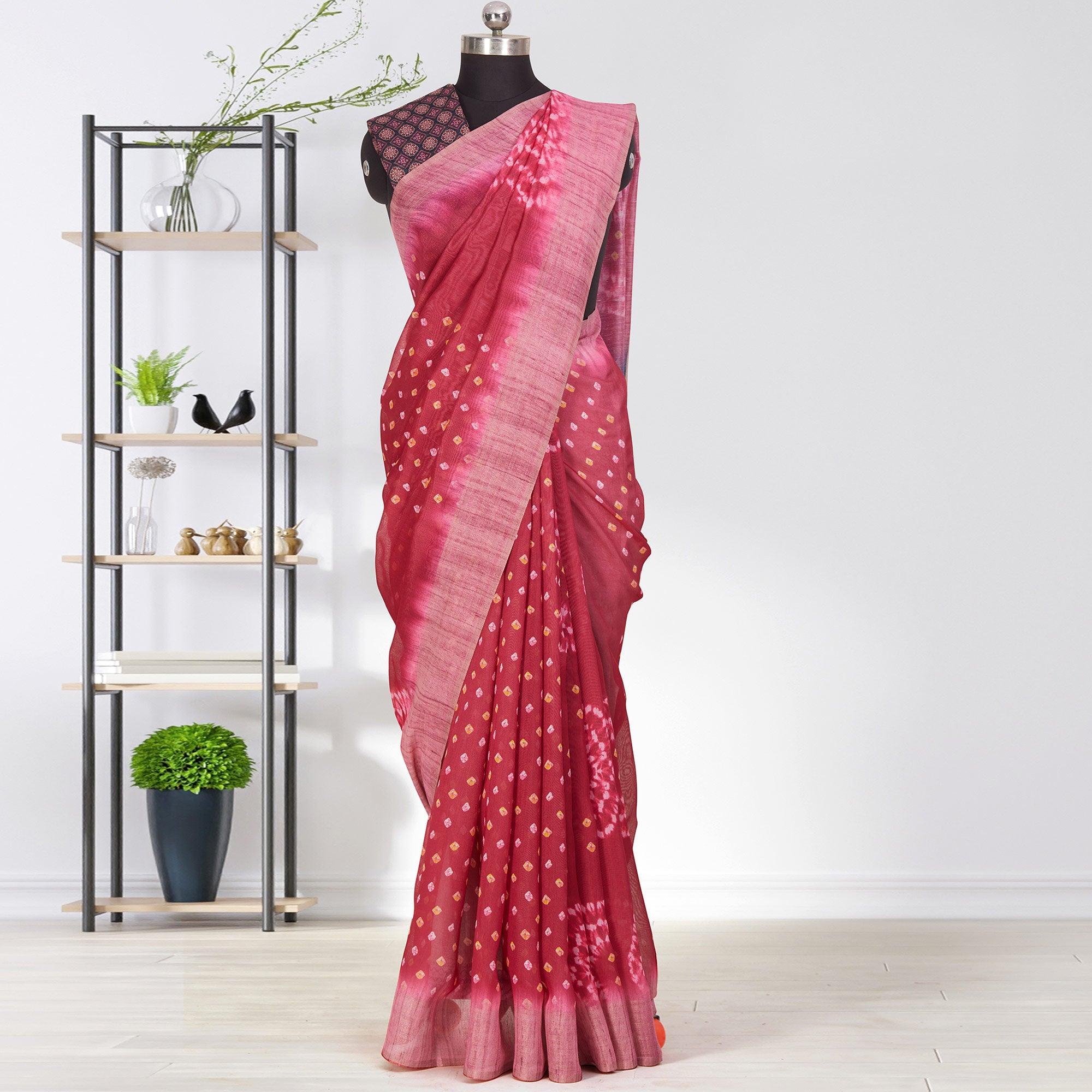 Capricious Pink Coloured Casual Wear Printed Linen Saree - Peachmode