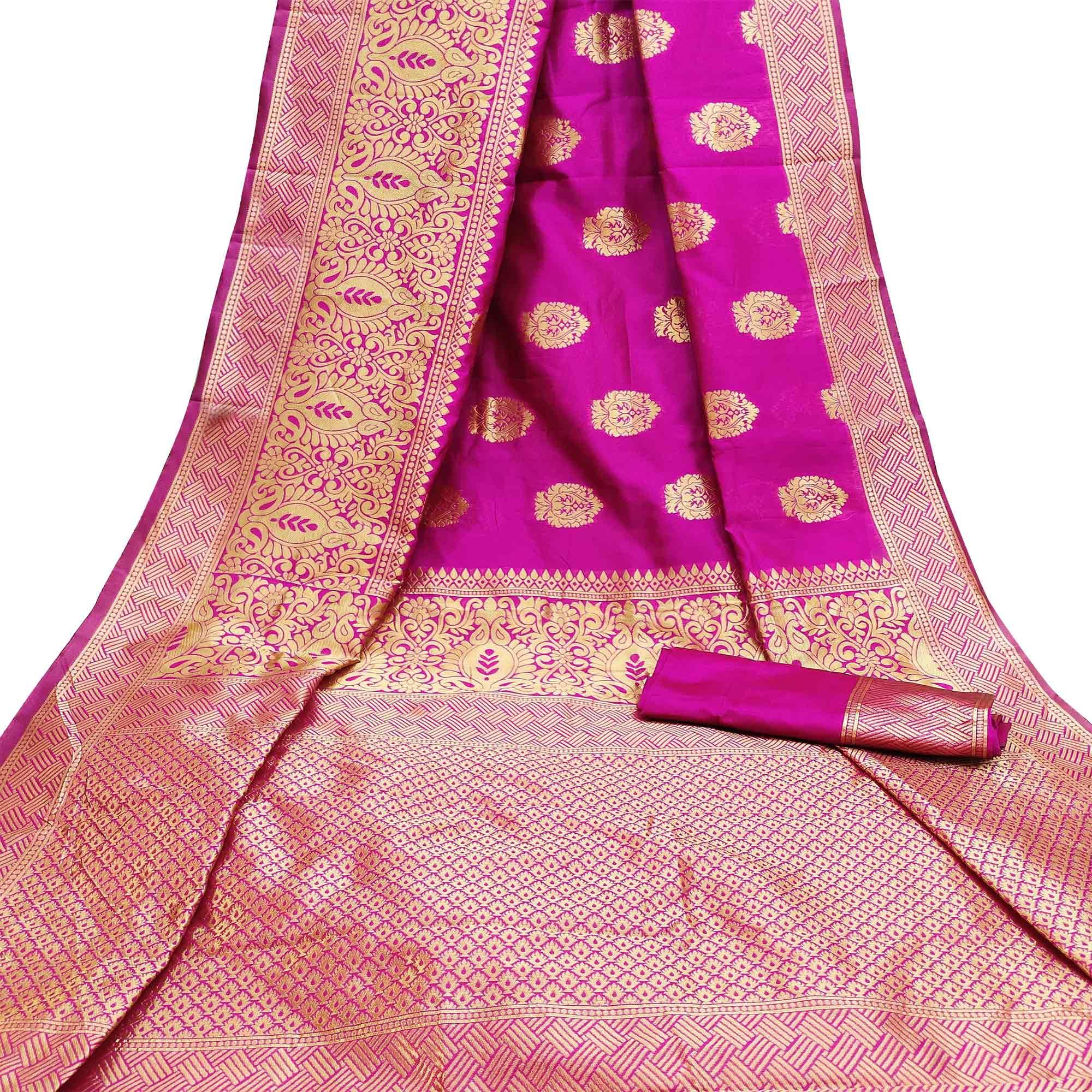 Capricious Rani Pink Colored Festive Wear Woven Litchi Jacquard Silk Saree - Peachmode
