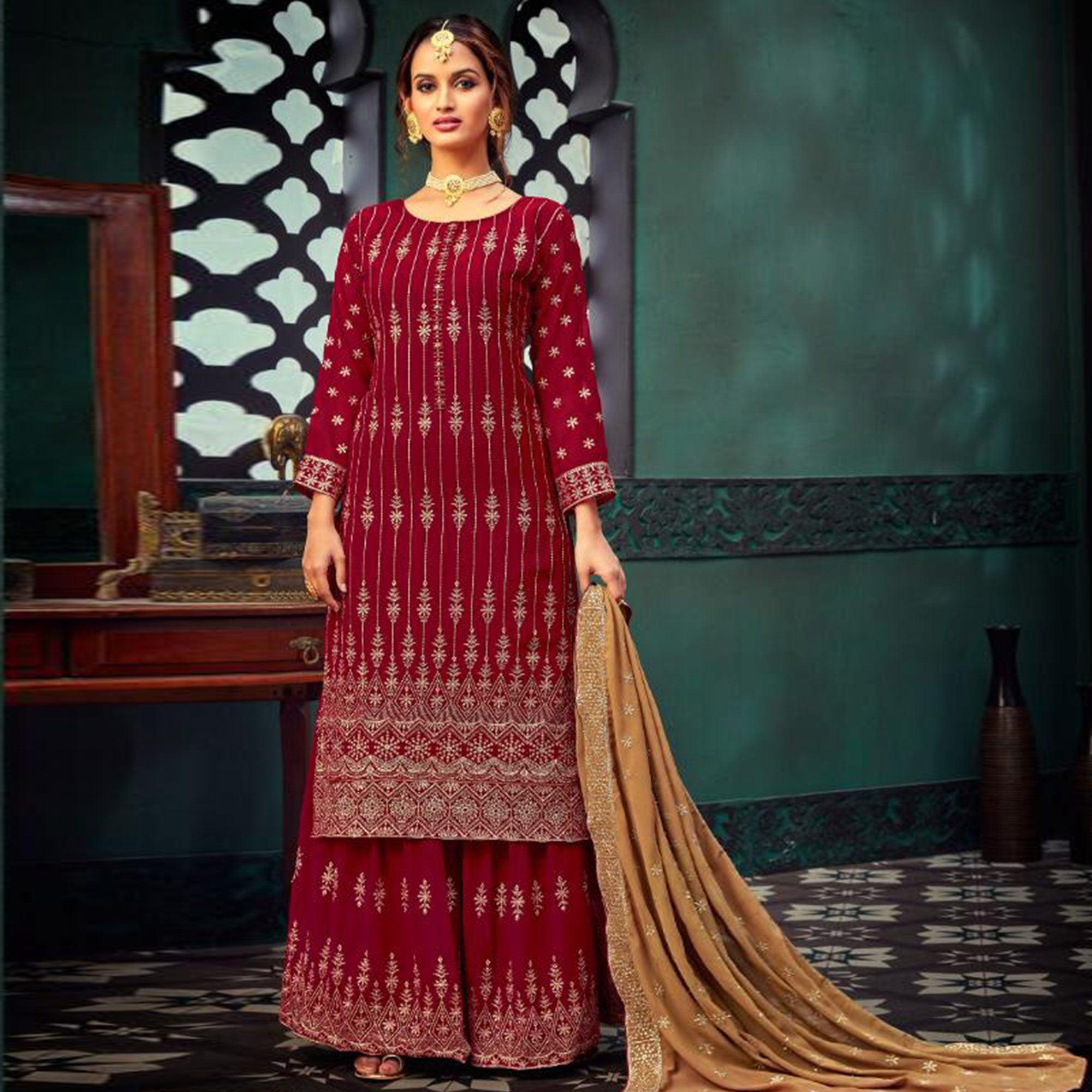 Capricious Red Colored Embroidered Partywear Pure Georgette Palazzo Suit - Peachmode