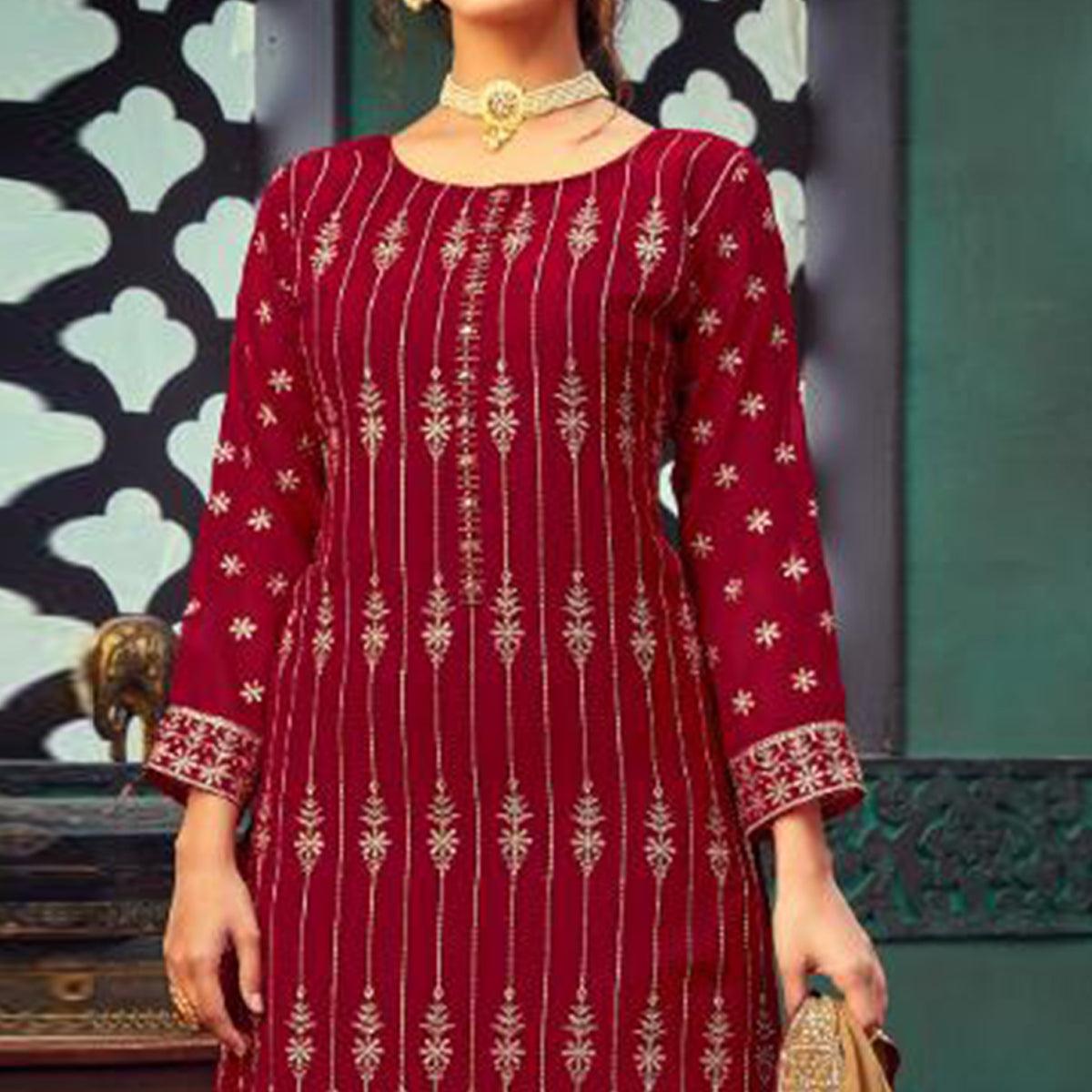 Capricious Red Colored Embroidered Partywear Pure Georgette Palazzo Suit - Peachmode