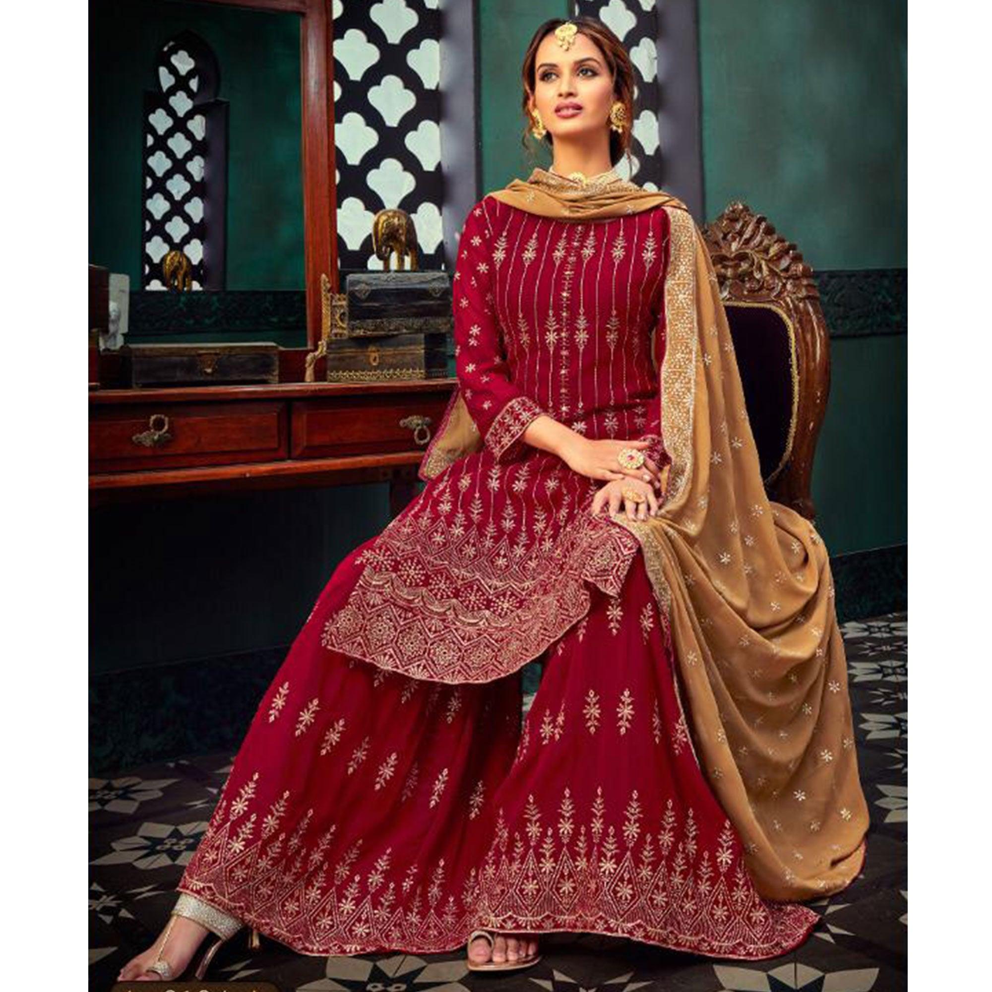 Capricious Red Colored Embroidered Partywear Pure Georgette Palazzo Suit - Peachmode