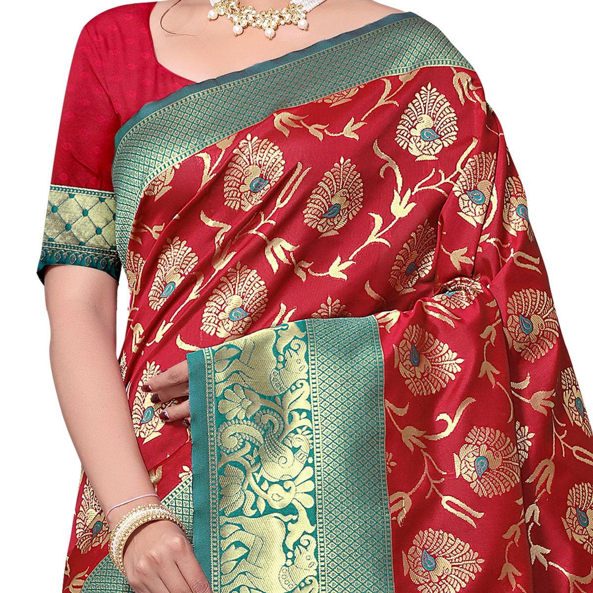 Capricious Red Colored Festive Wear woven Kota Lichi Banarasi Silk Saree - Peachmode