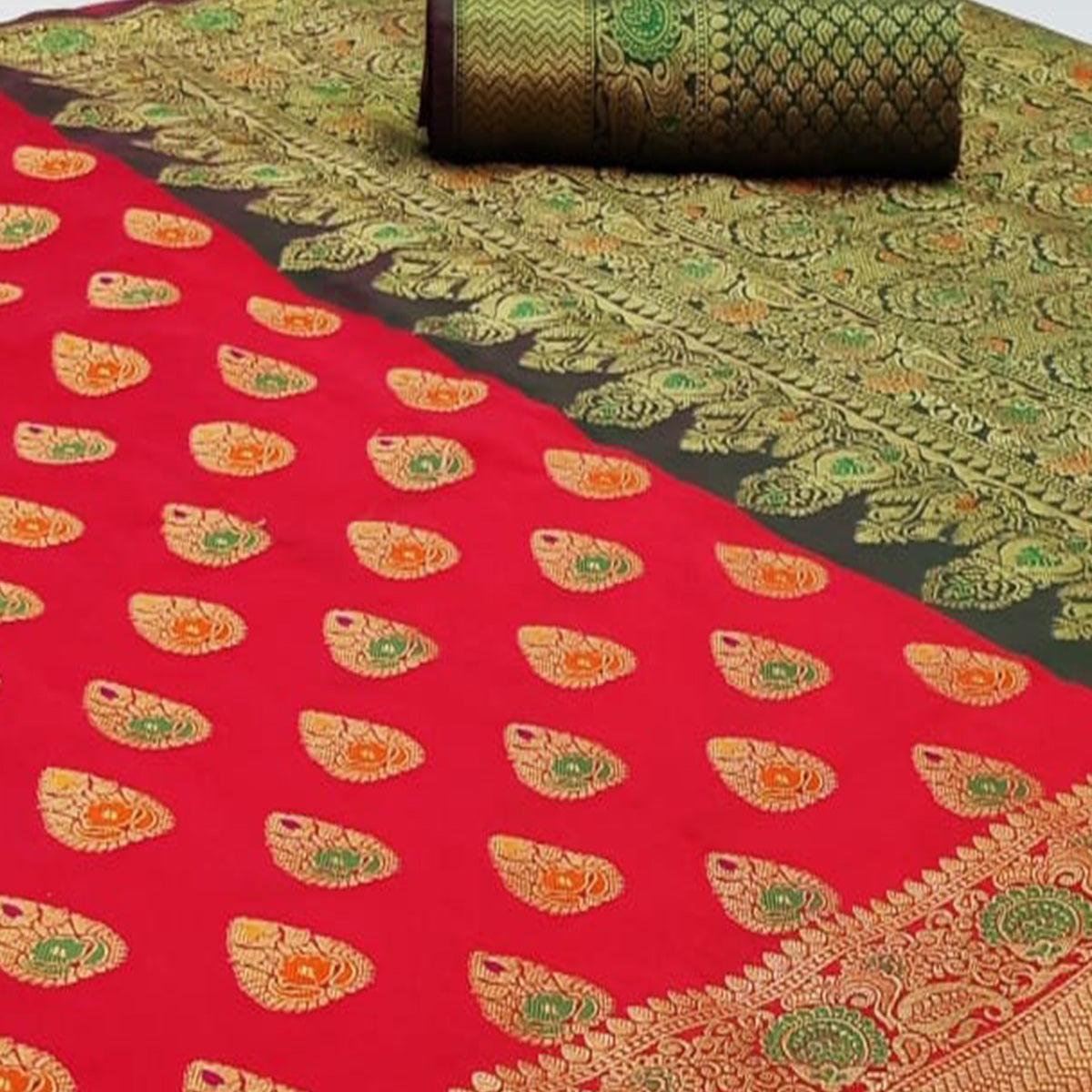 Capricious Red Colored Festive Wear Woven Silk Saree - Peachmode