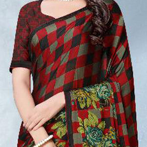 Capricious Red Colored Partywear Checkered Printed Chiffon Saree - Peachmode