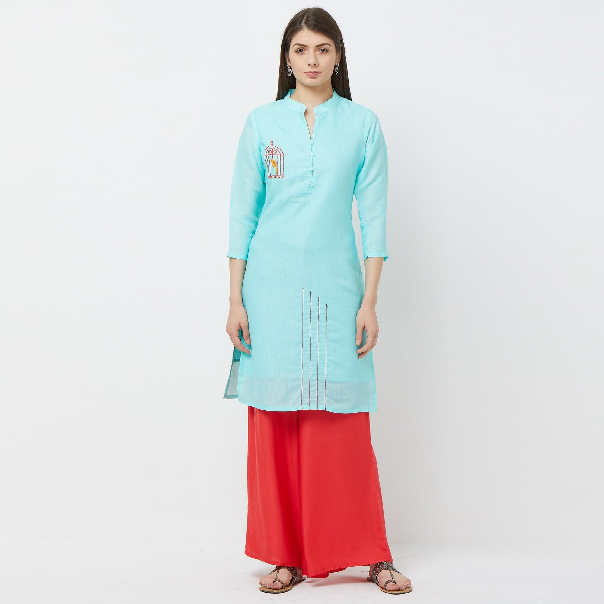 Capricious Sky Blue Colored Casual Embroidered Cotton Kurti - Peachmode