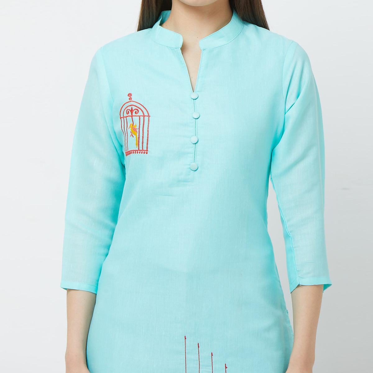 Capricious Sky Blue Colored Casual Embroidered Cotton Kurti - Peachmode