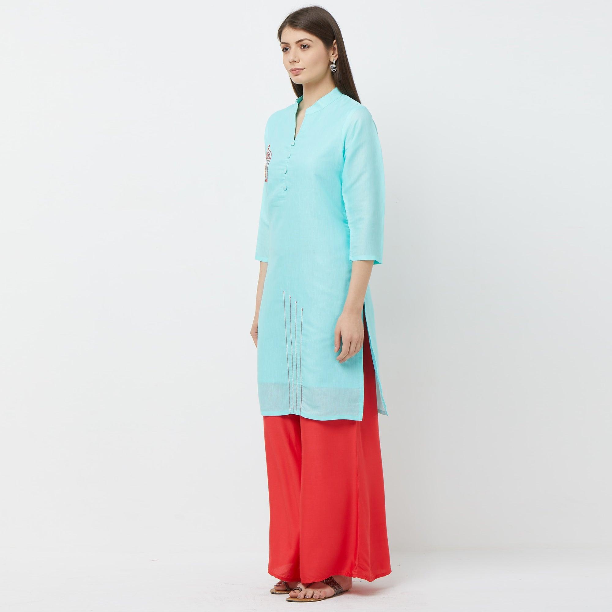 Capricious Sky Blue Colored Casual Embroidered Cotton Kurti - Peachmode