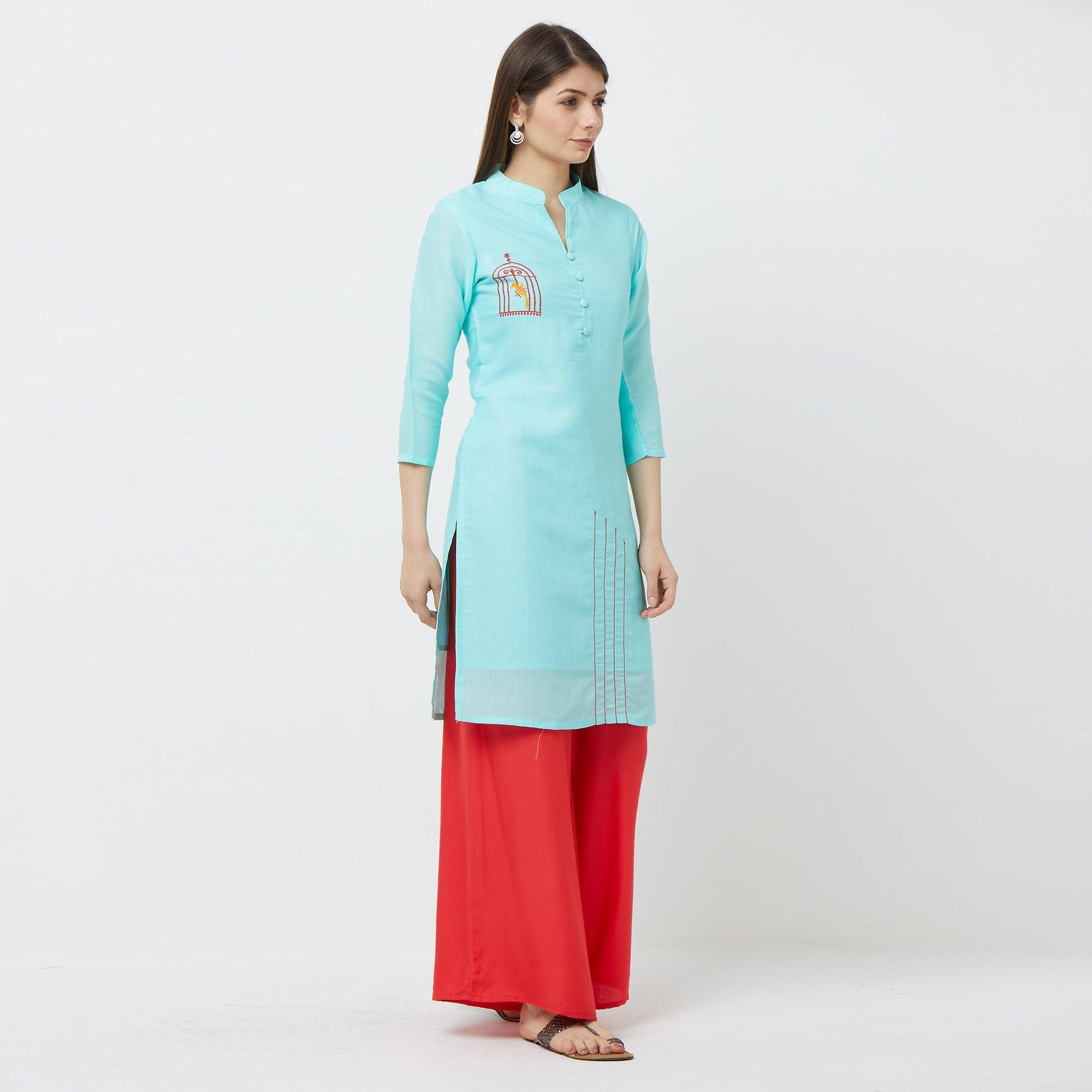 Capricious Sky Blue Colored Casual Embroidered Cotton Kurti - Peachmode