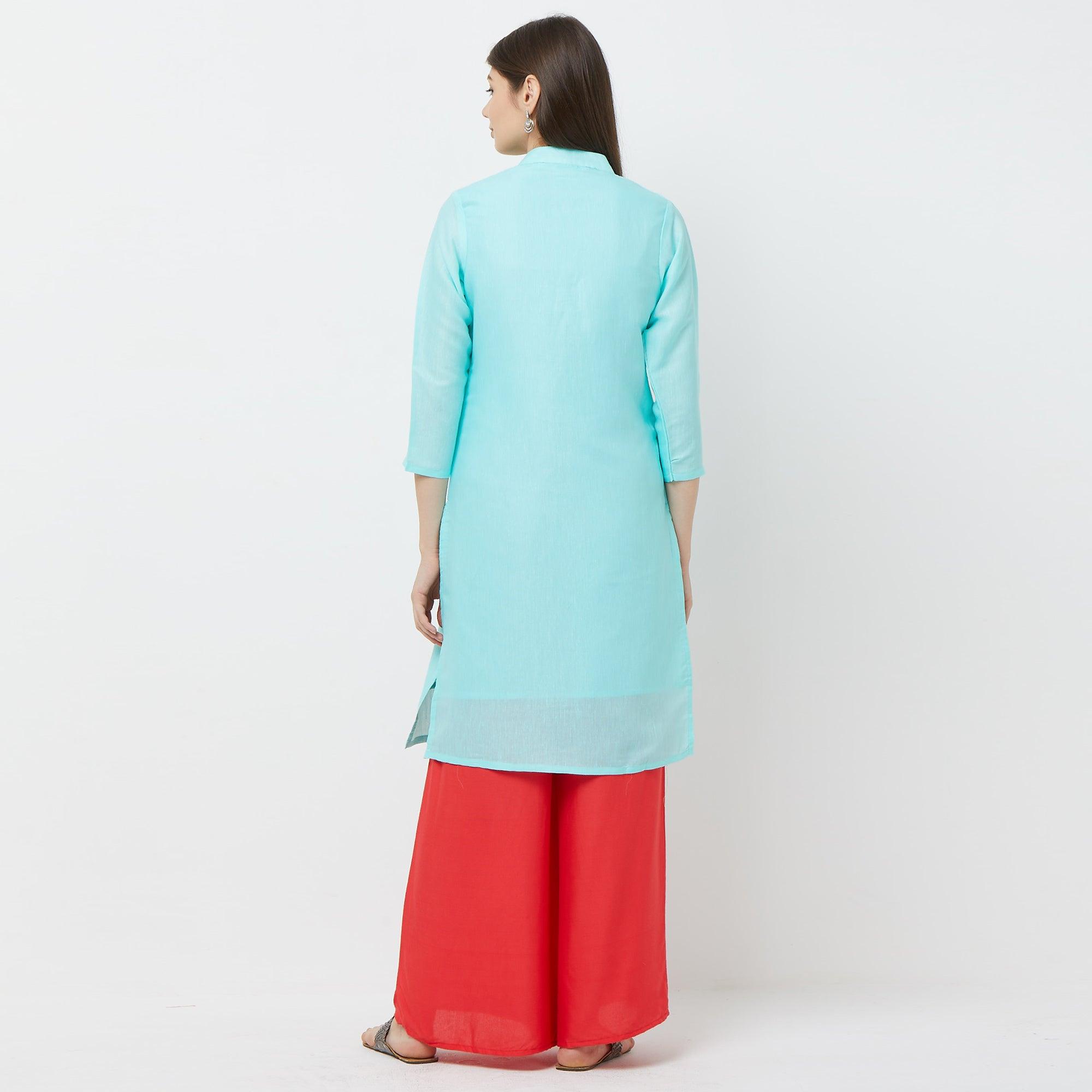 Capricious Sky Blue Colored Casual Embroidered Cotton Kurti - Peachmode
