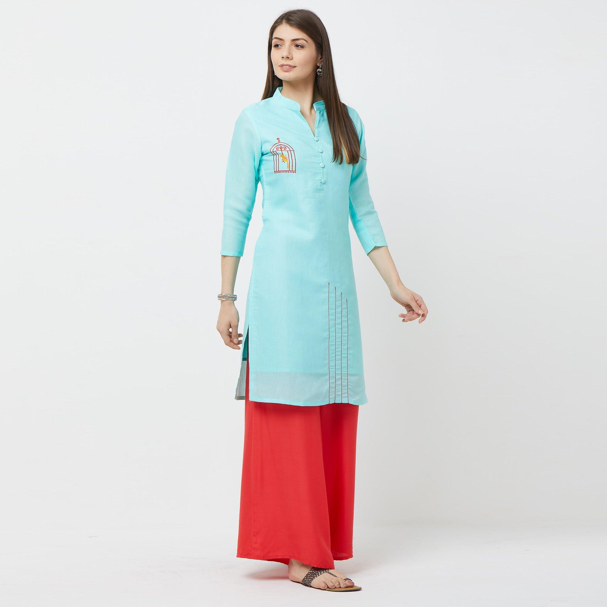 Capricious Sky Blue Colored Casual Embroidered Cotton Kurti - Peachmode