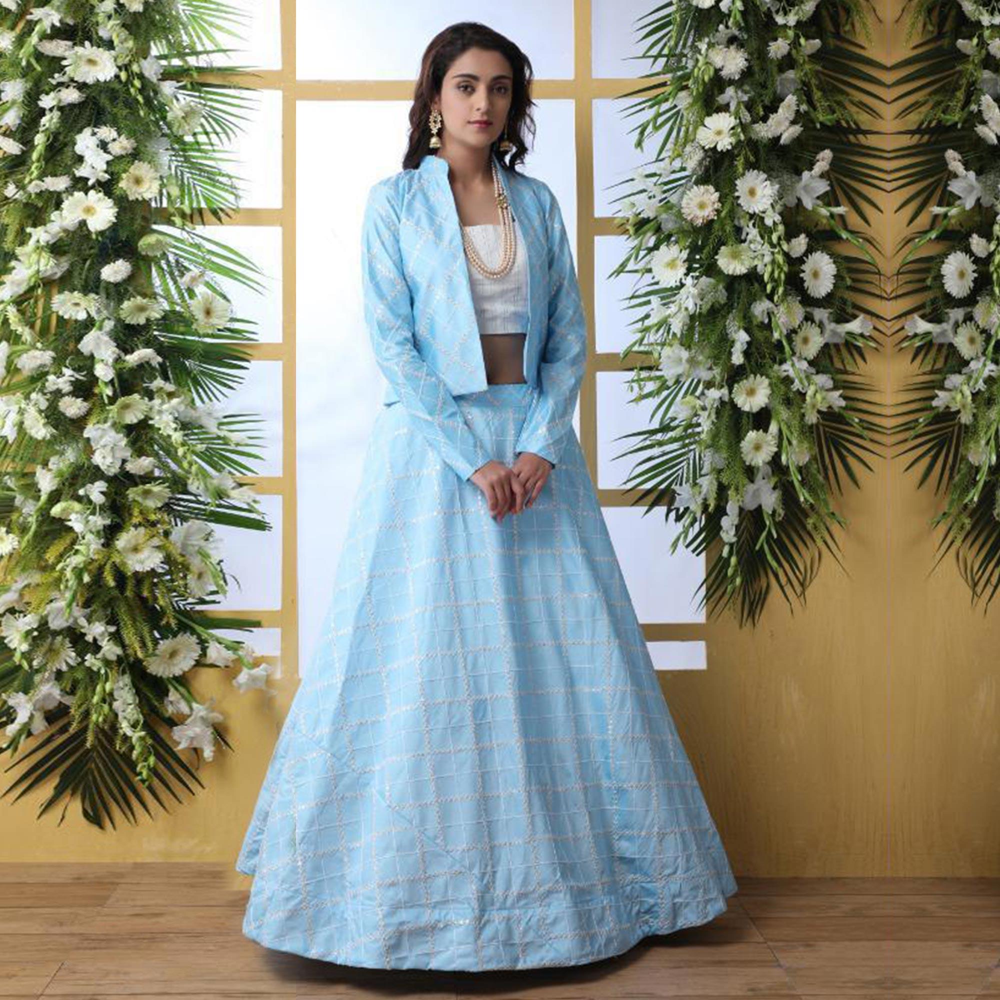 Capricious Sky Blue Colored Party Wear Embroidered Art Silk Lehenga Choli With Koti - Peachmode