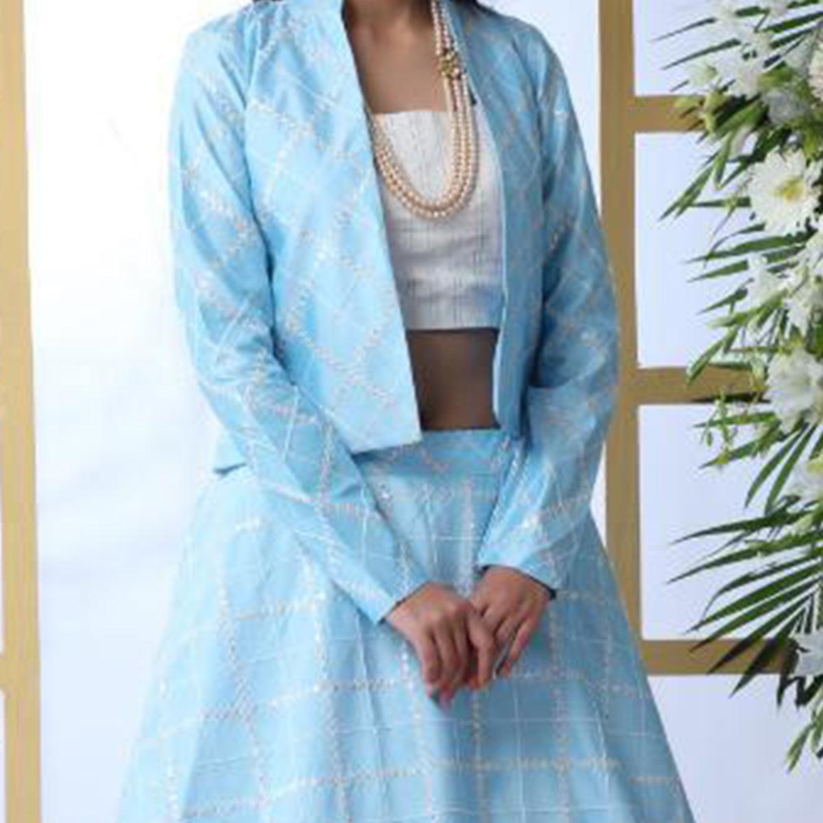 Capricious Sky Blue Colored Party Wear Embroidered Art Silk Lehenga Choli With Koti - Peachmode