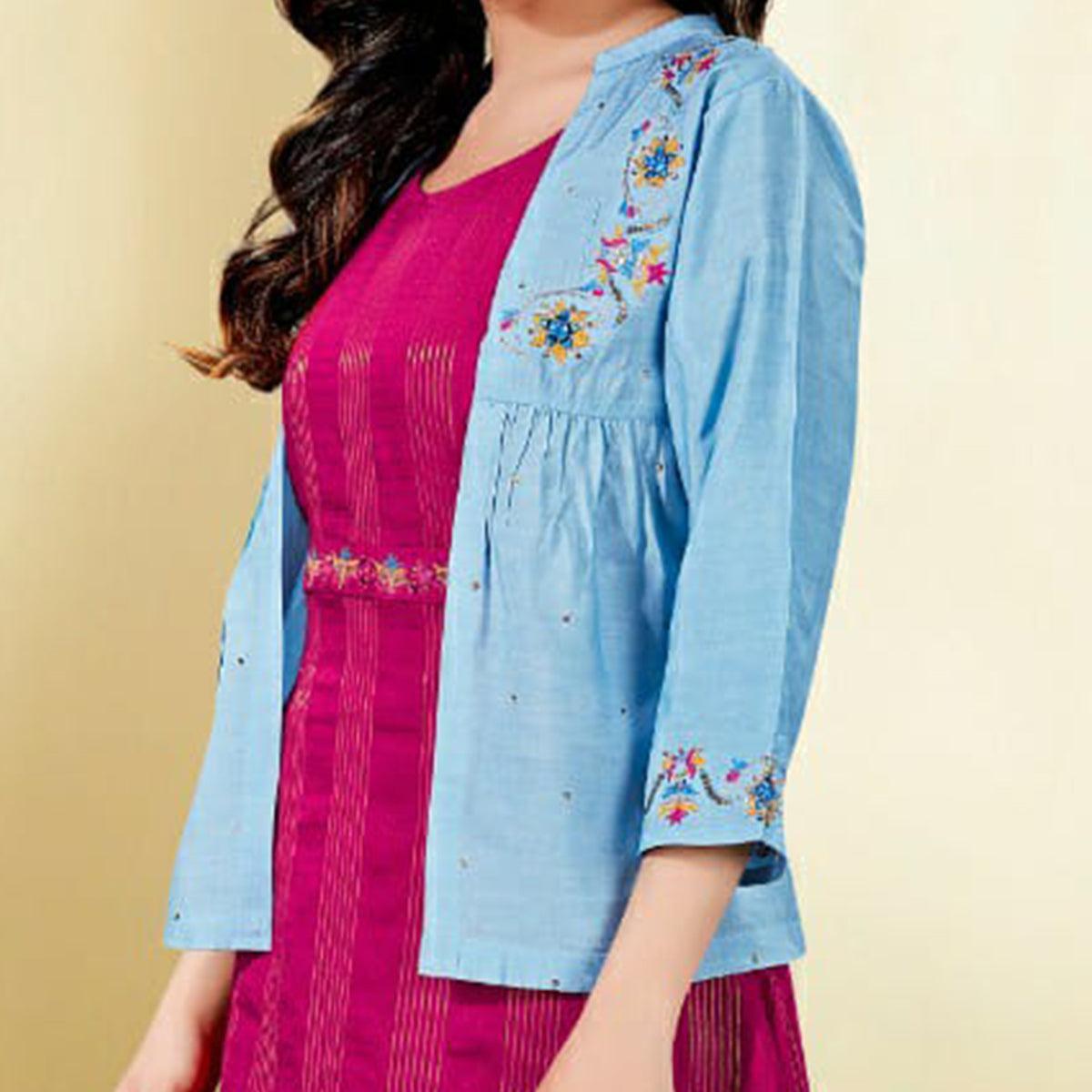 Capricious Sky Blue - Pink Colored Partywear Embroidered Cotton Silk Kurti With Jacket - Peachmode