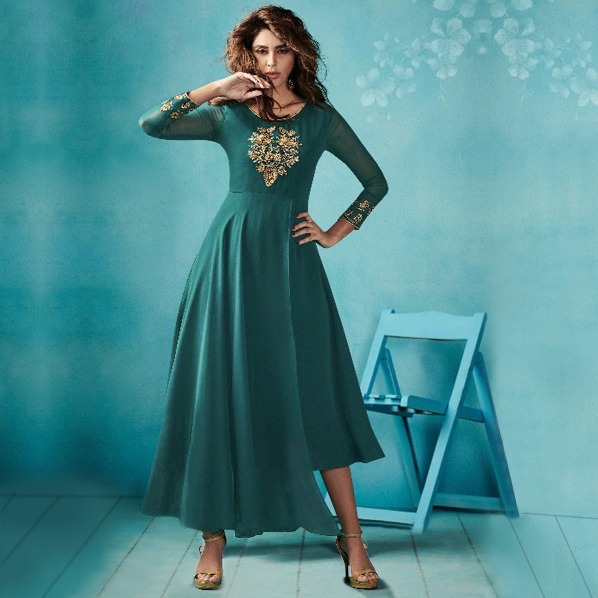 Capricious Stone Blue Colored Embroidered Party Wear Faux Georgette Kurti - Peachmode