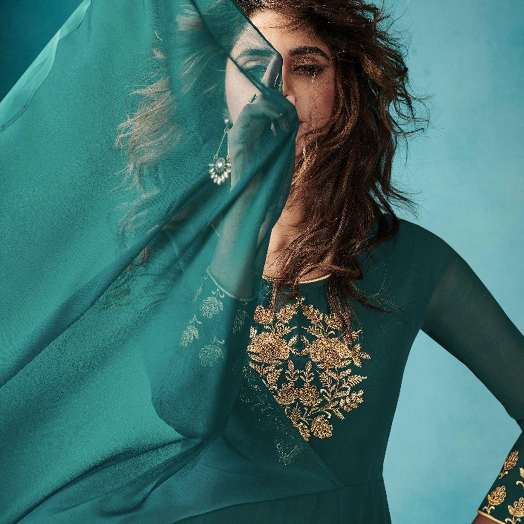 Capricious Stone Blue Colored Embroidered Party Wear Faux Georgette Kurti - Peachmode