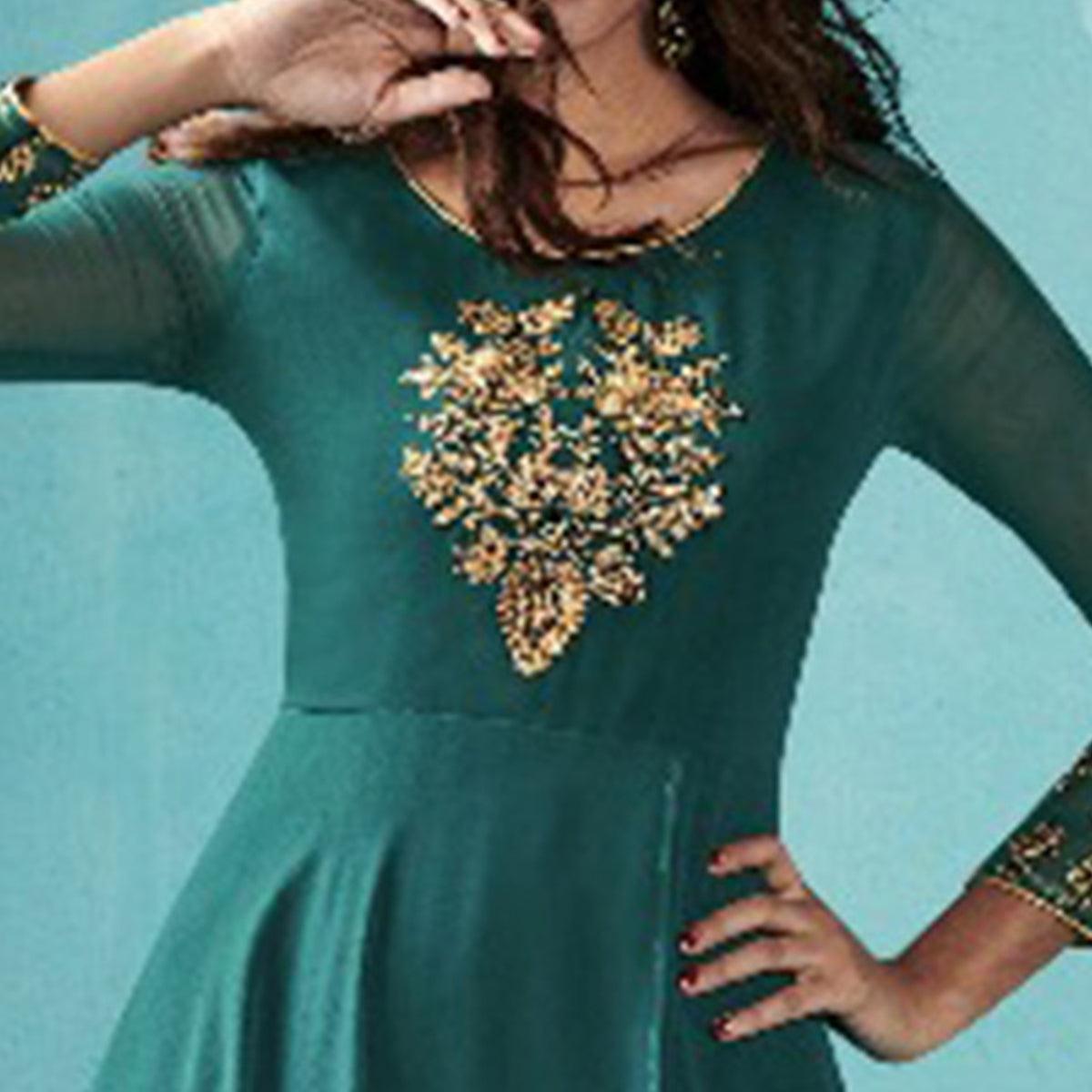 Capricious Stone Blue Colored Embroidered Party Wear Faux Georgette Kurti - Peachmode