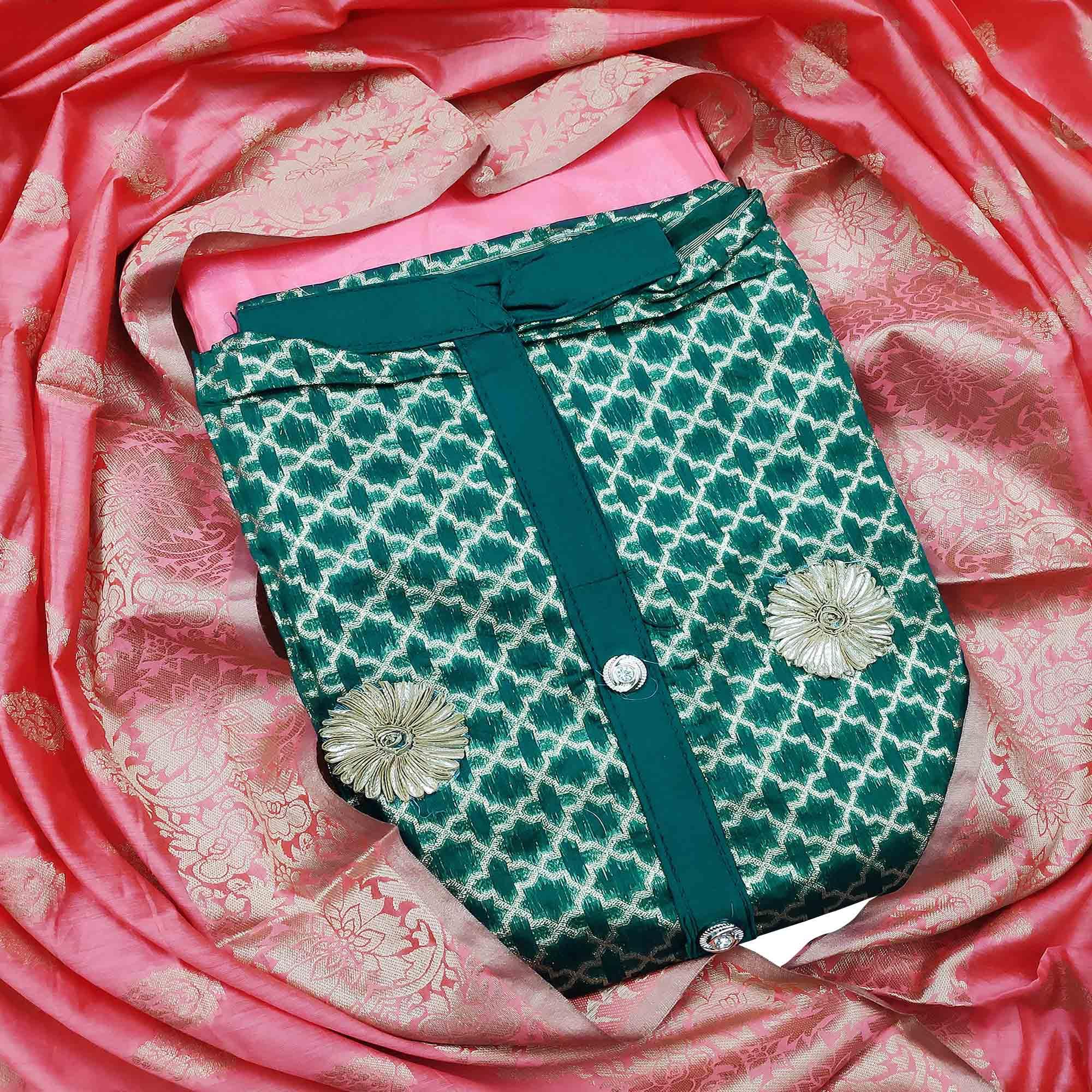 Capricious Teal Green Colored Festive Wear Woven Heavy Banarasi Silk Dress Material - Peachmode