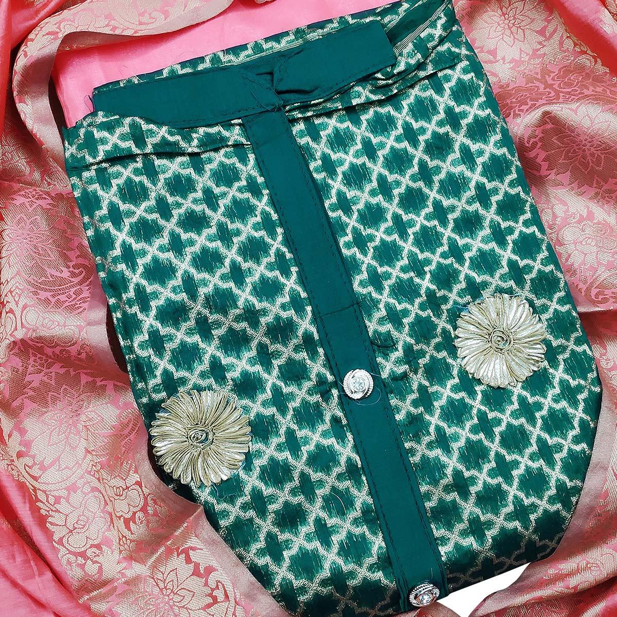 Capricious Teal Green Colored Festive Wear Woven Heavy Banarasi Silk Dress Material - Peachmode