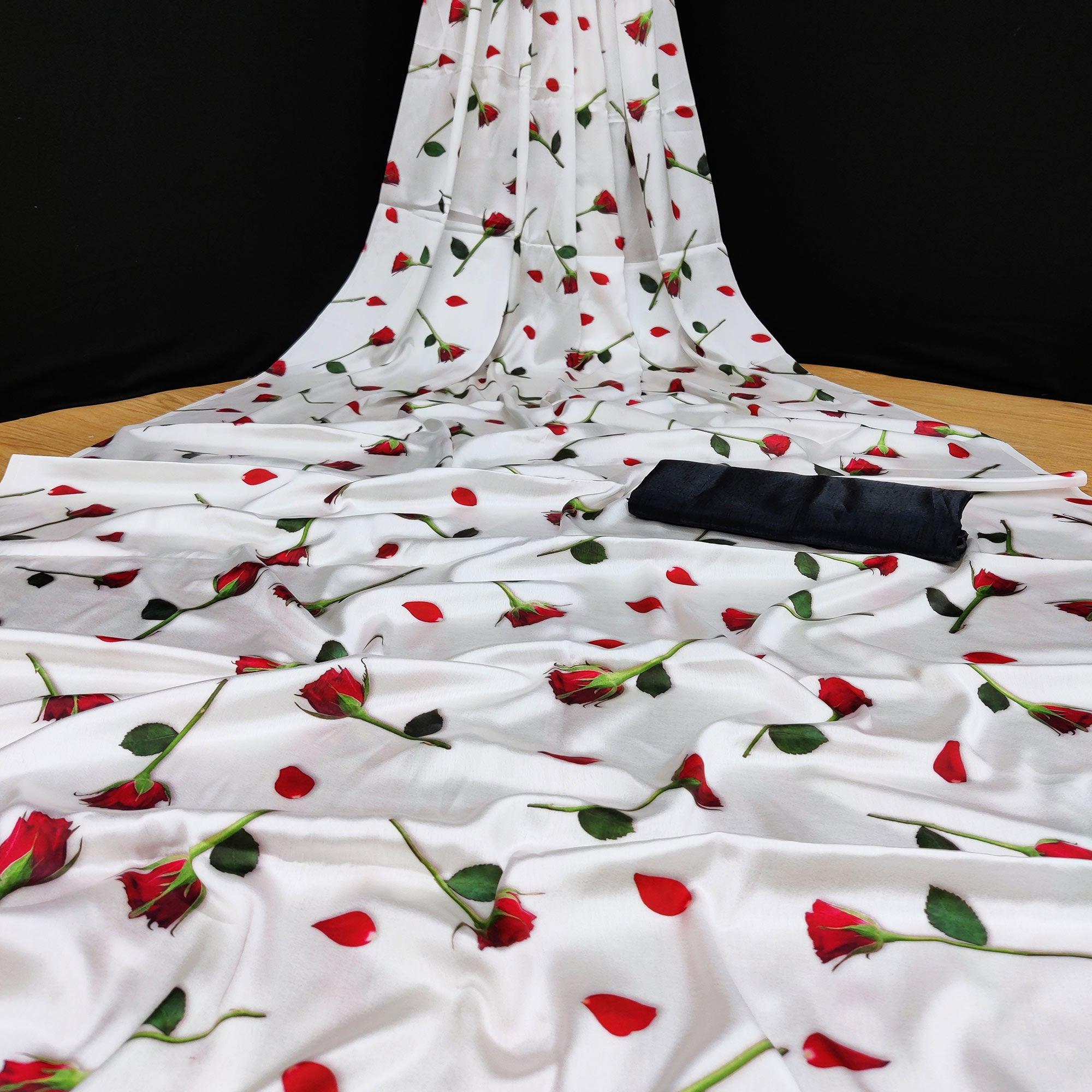 Capricious White Coloured Casual Wear Digital Printed Satin Saree - Peachmode