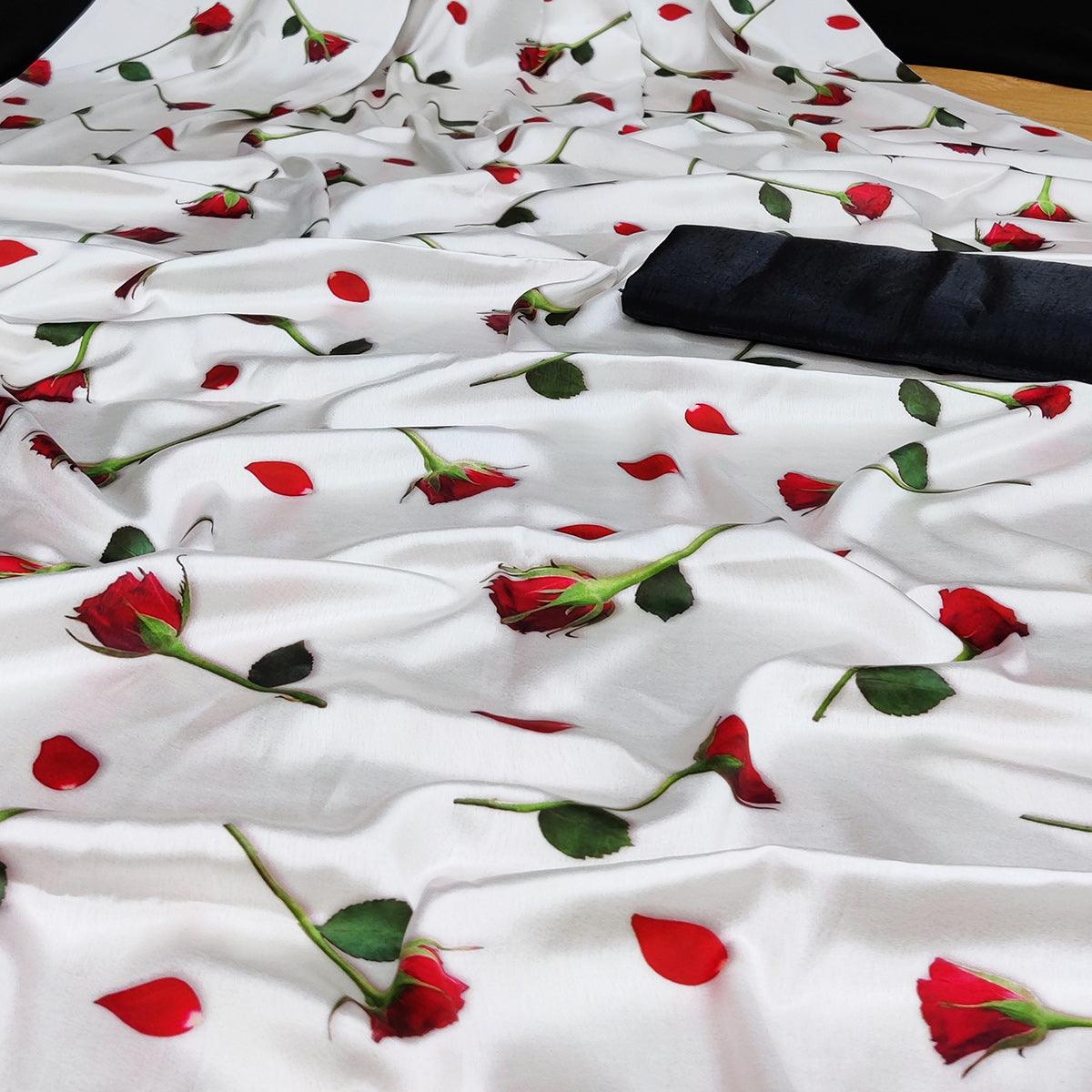 Capricious White Coloured Casual Wear Digital Printed Satin Saree - Peachmode