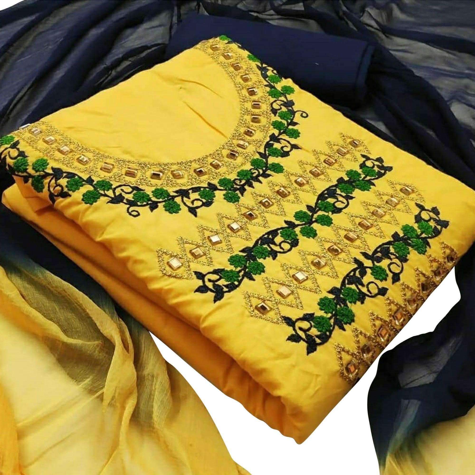 Capricious Yellow Colored Casual Wear Embroidered Cotton Dress Material - Peachmode