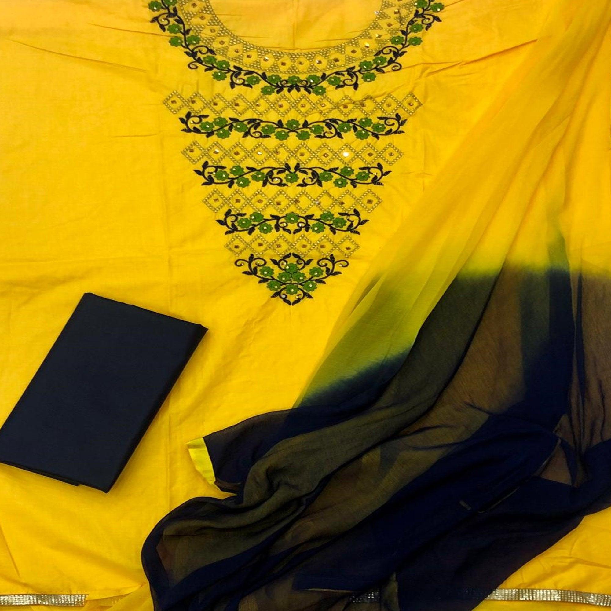 Capricious Yellow Colored Casual Wear Embroidered Cotton Dress Material - Peachmode