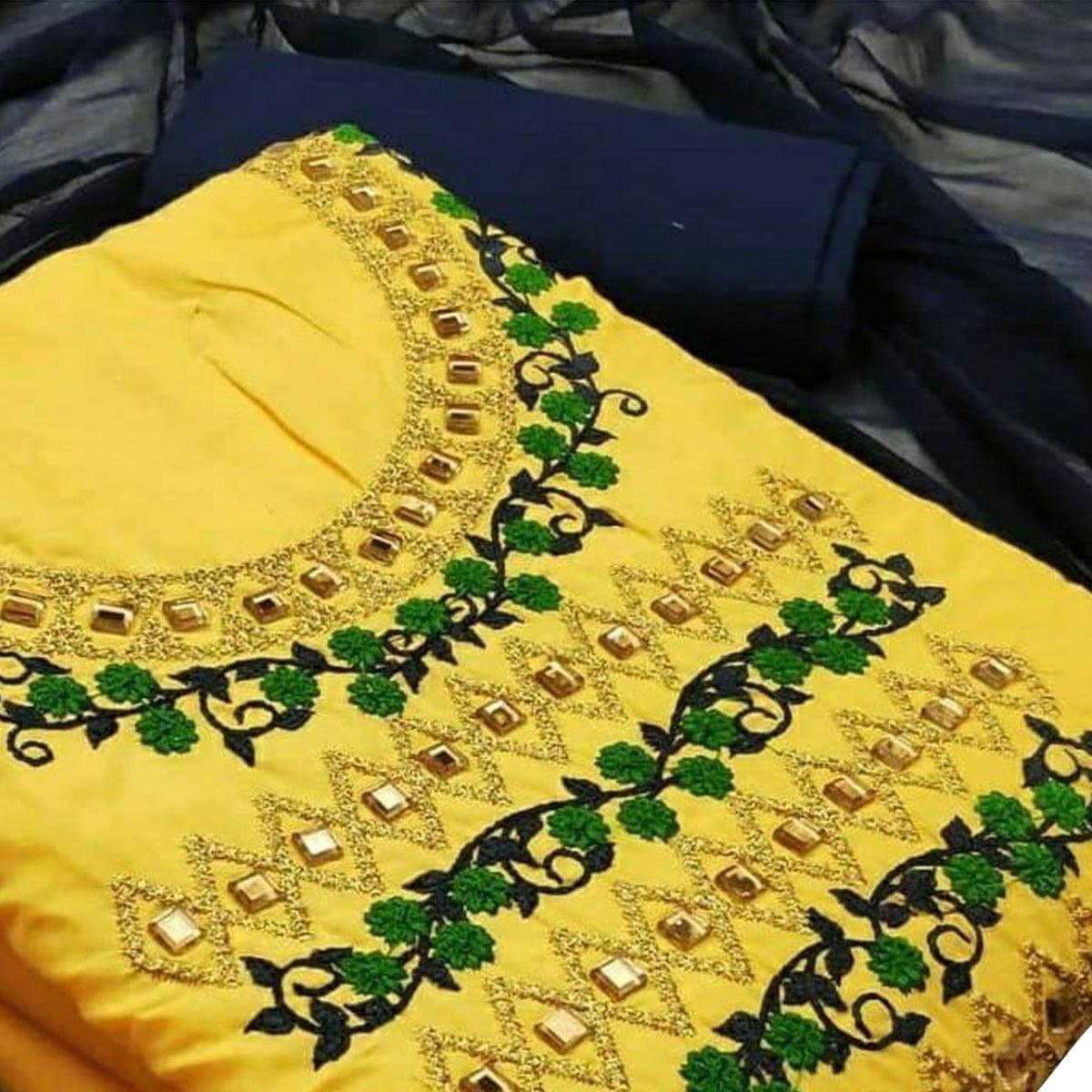 Capricious Yellow Colored Casual Wear Embroidered Cotton Dress Material - Peachmode