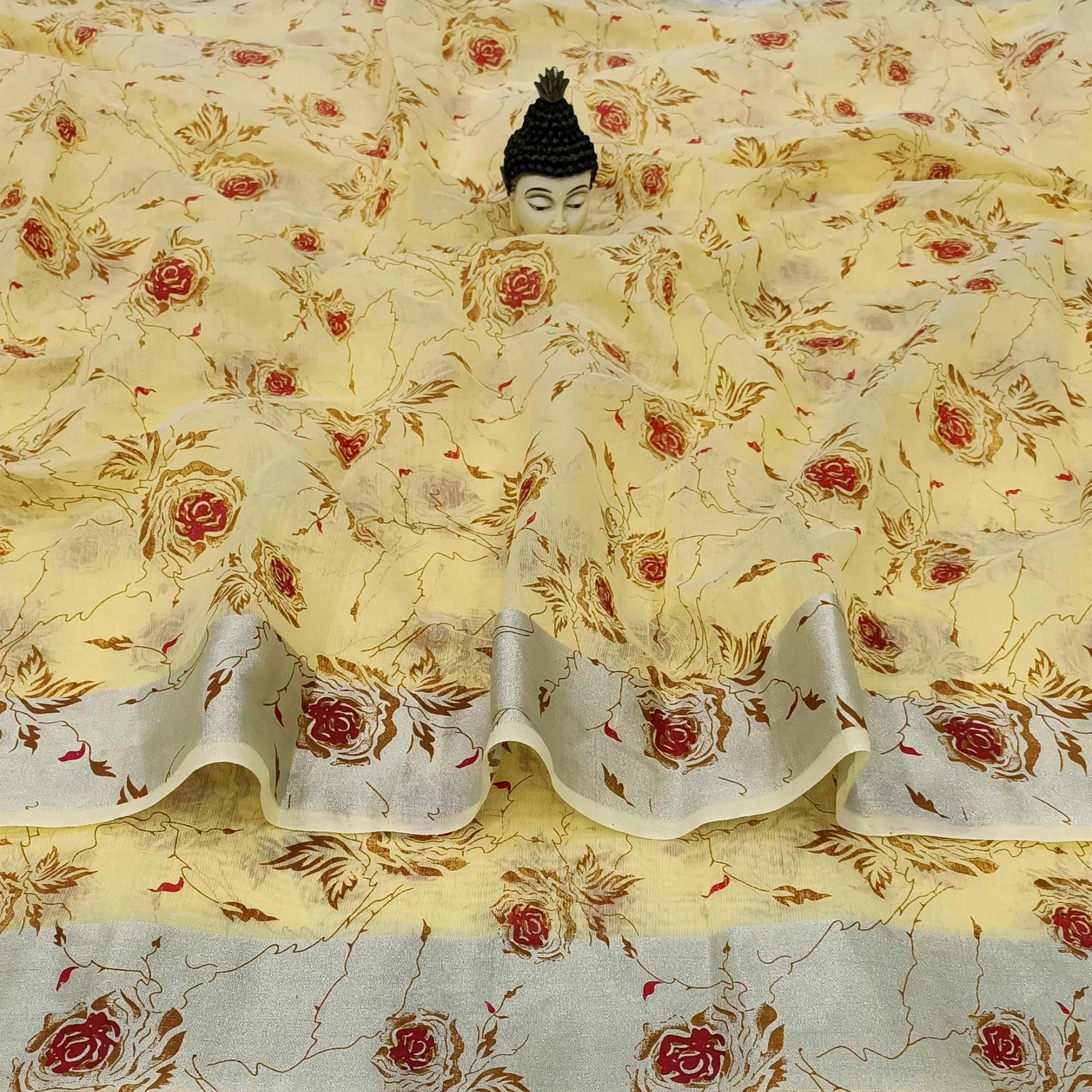 Capricious Yellow Colored Casual Wear Floral Block Printed Cotton Linen Saree - Peachmode