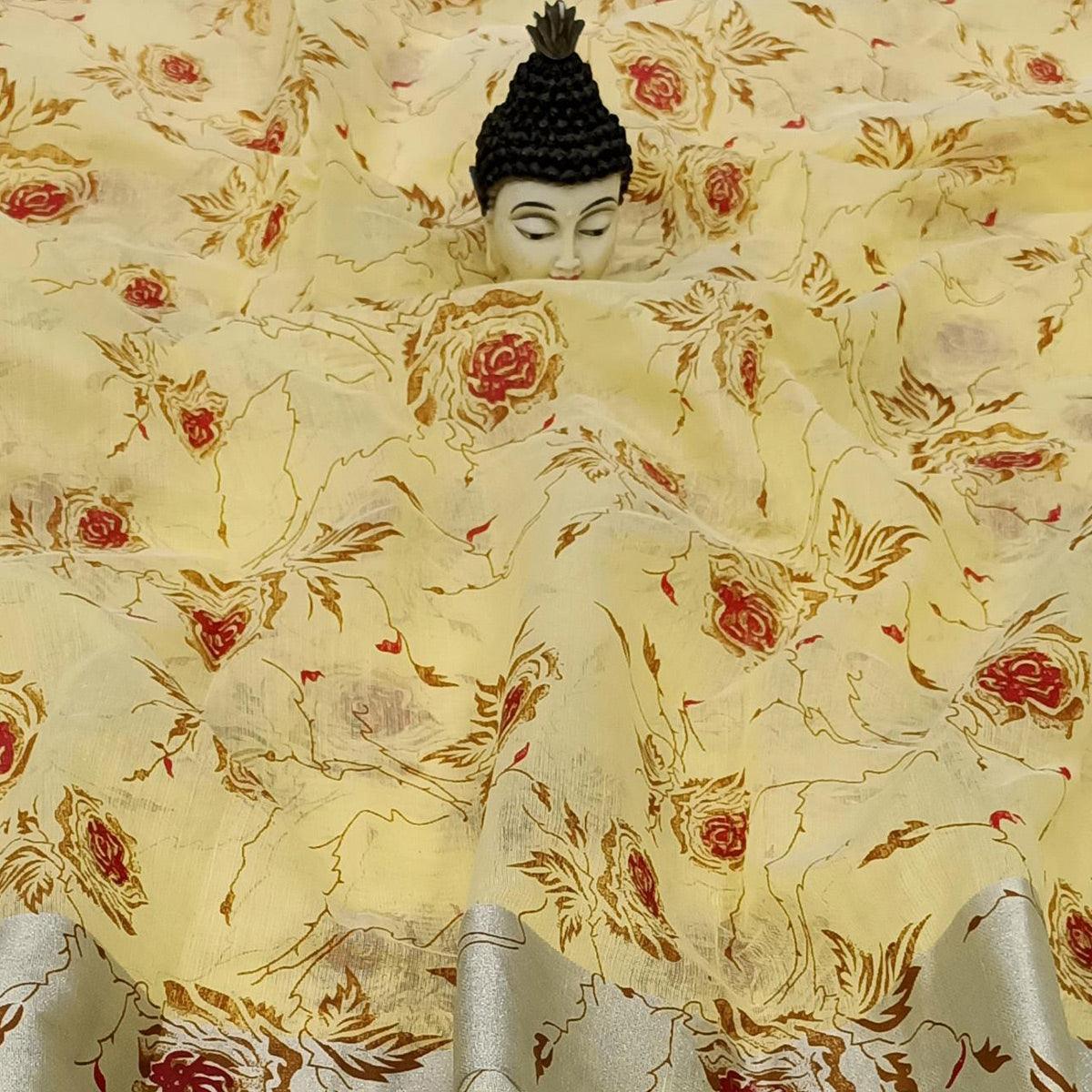 Capricious Yellow Colored Casual Wear Floral Block Printed Cotton Linen Saree - Peachmode