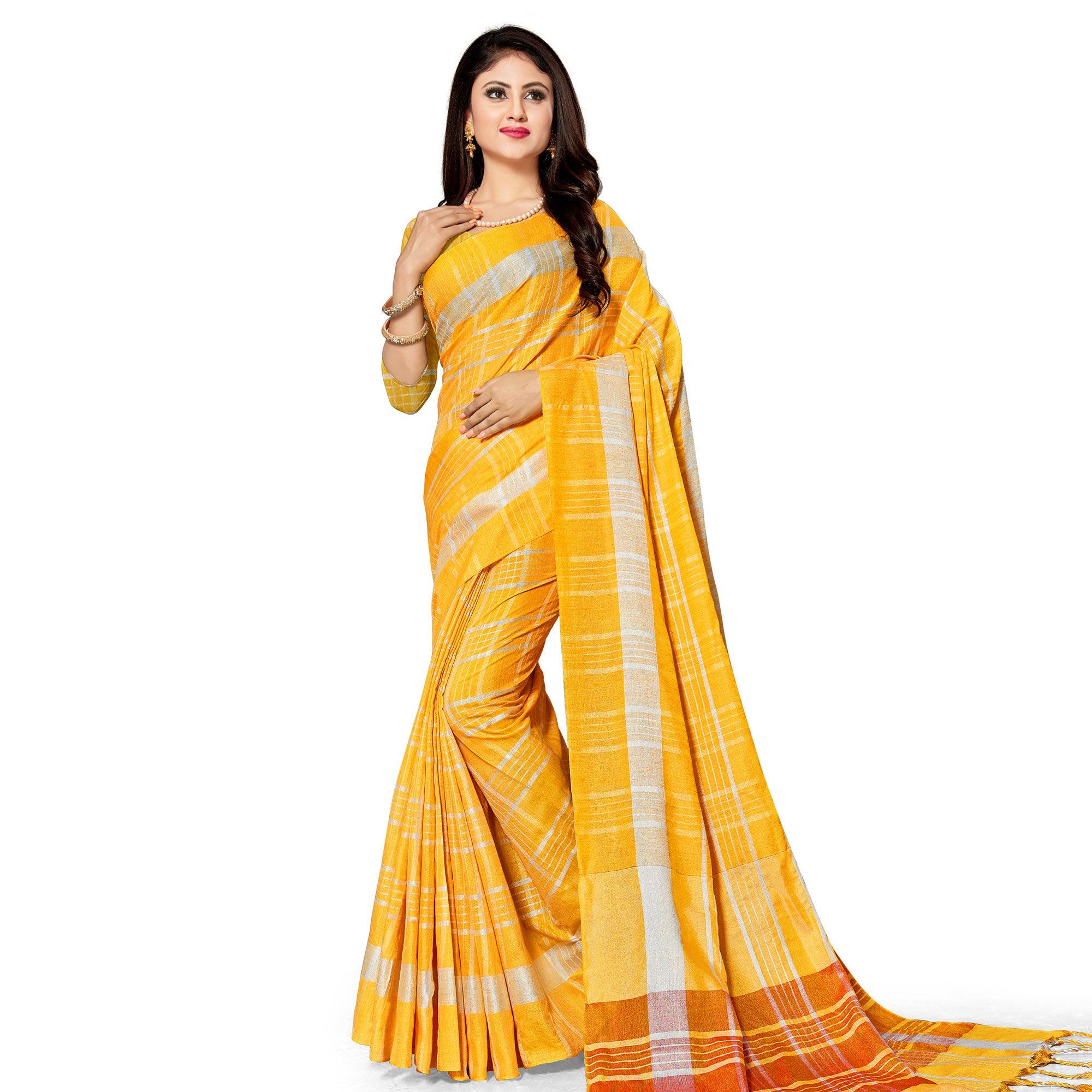 Capricious Yellow Colored Fesive Wear Stripe Print Cotton Silk Saree With Tassels - Peachmode