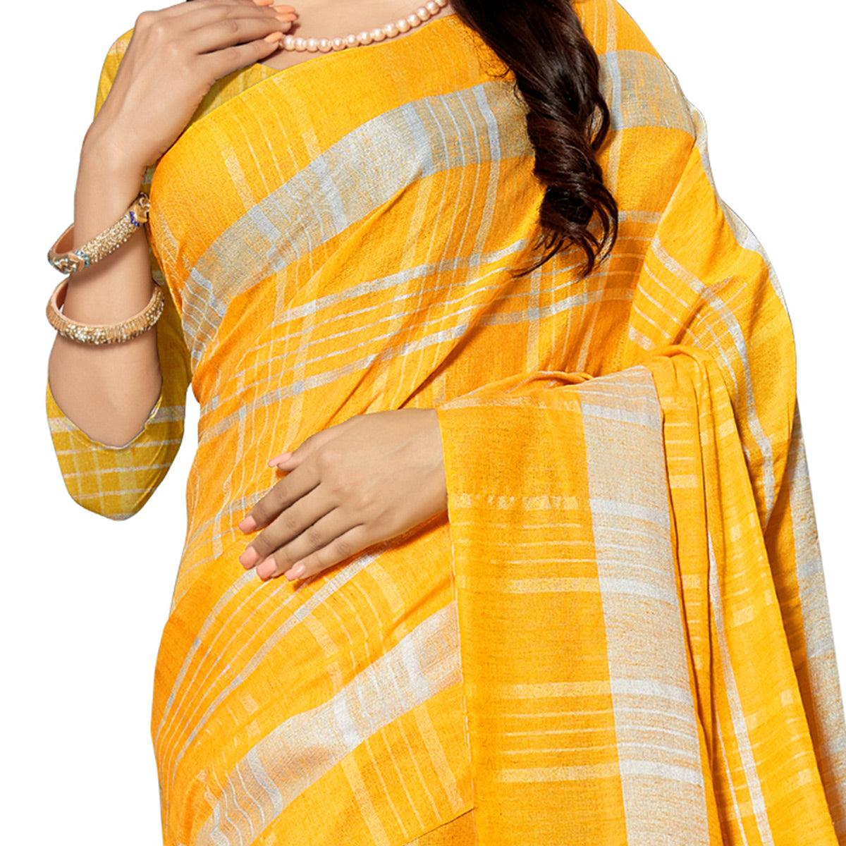 Capricious Yellow Colored Fesive Wear Stripe Print Cotton Silk Saree With Tassels - Peachmode
