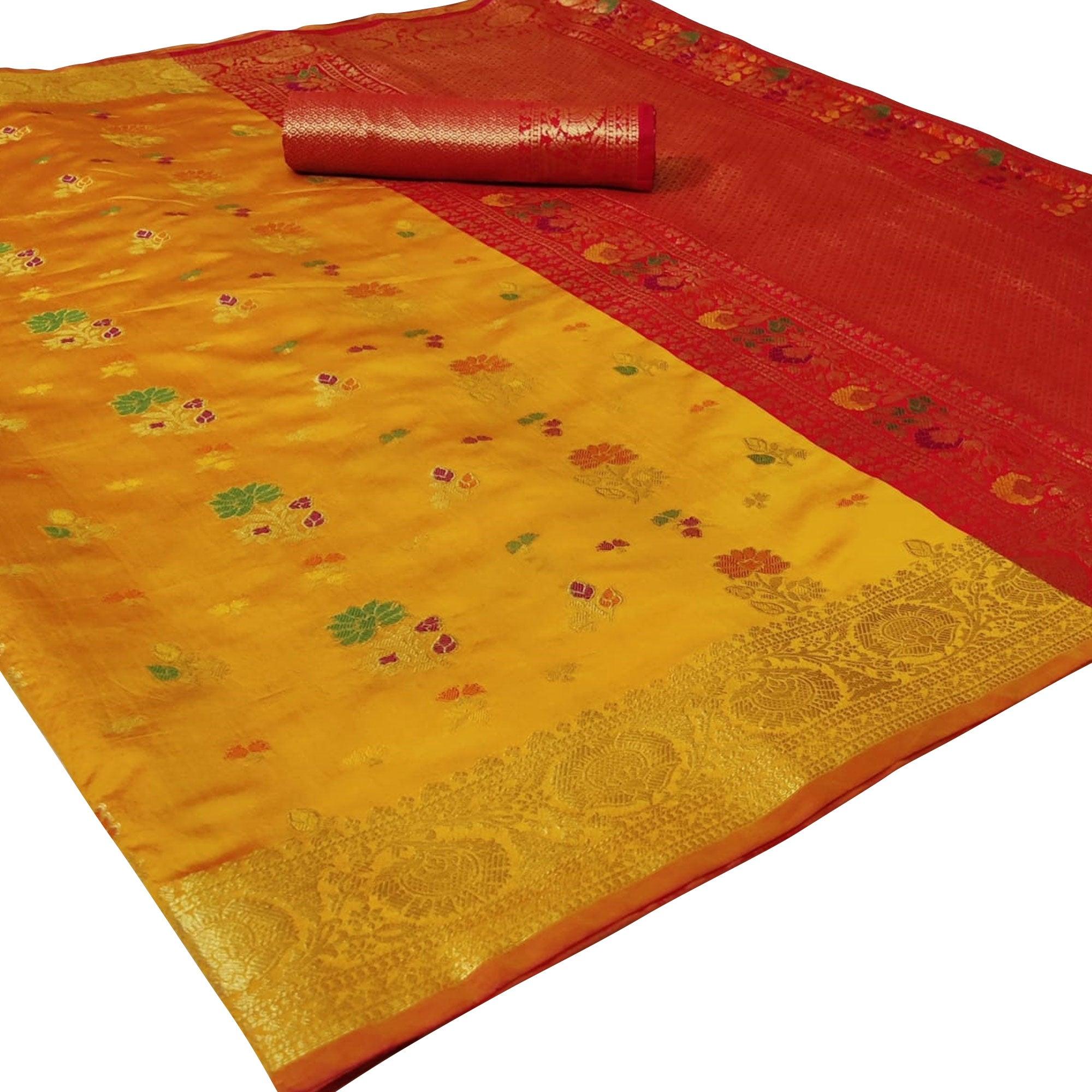 Capricious Yellow Colored Festive Wear Woven Silk Saree - Peachmode