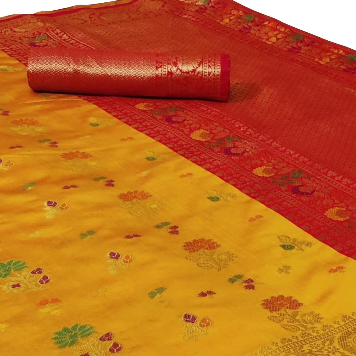 Capricious Yellow Colored Festive Wear Woven Silk Saree - Peachmode