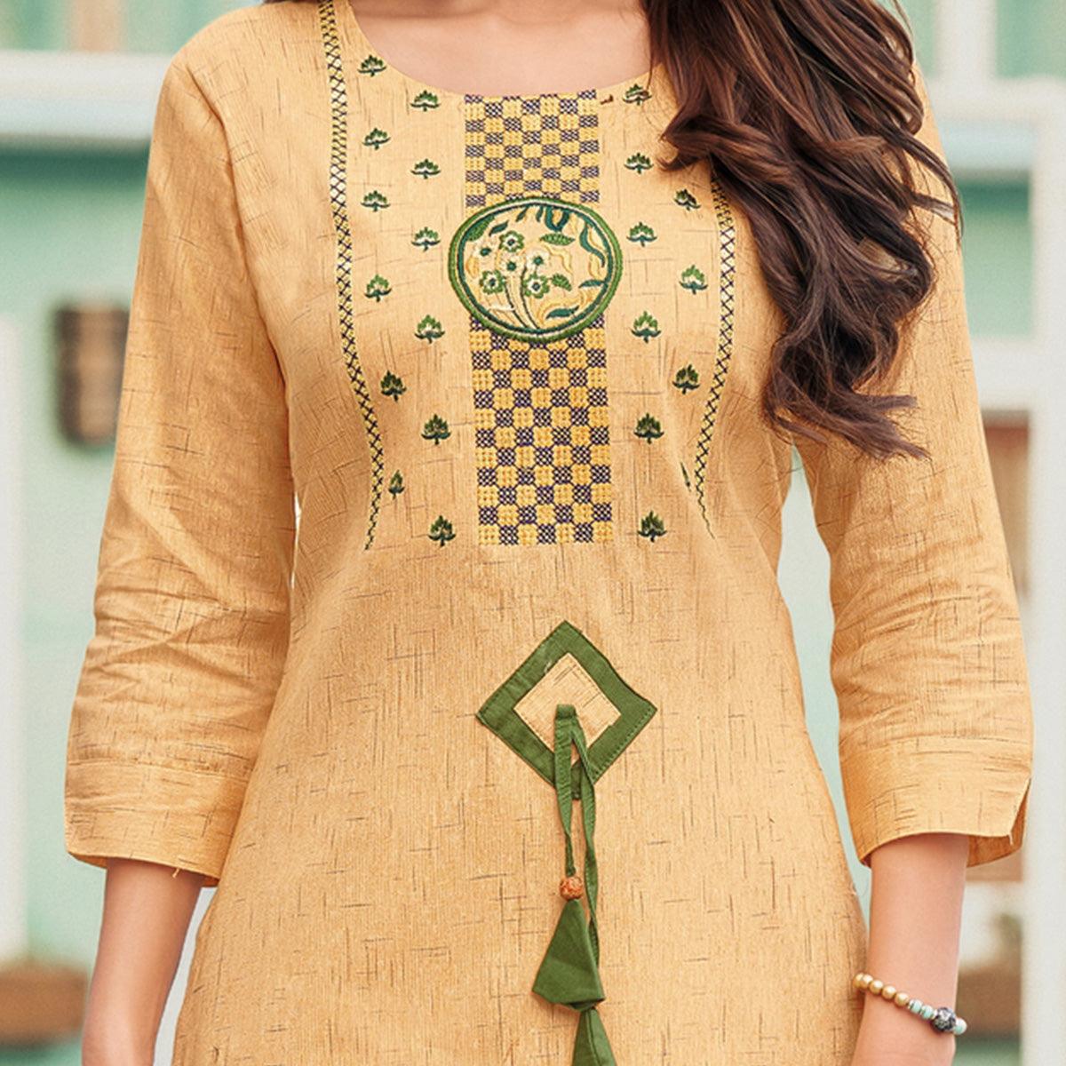 Capricious Yellowish Beige Colored Casual Wear Embroidered Heavy Pure Cotton Kurti - Peachmode