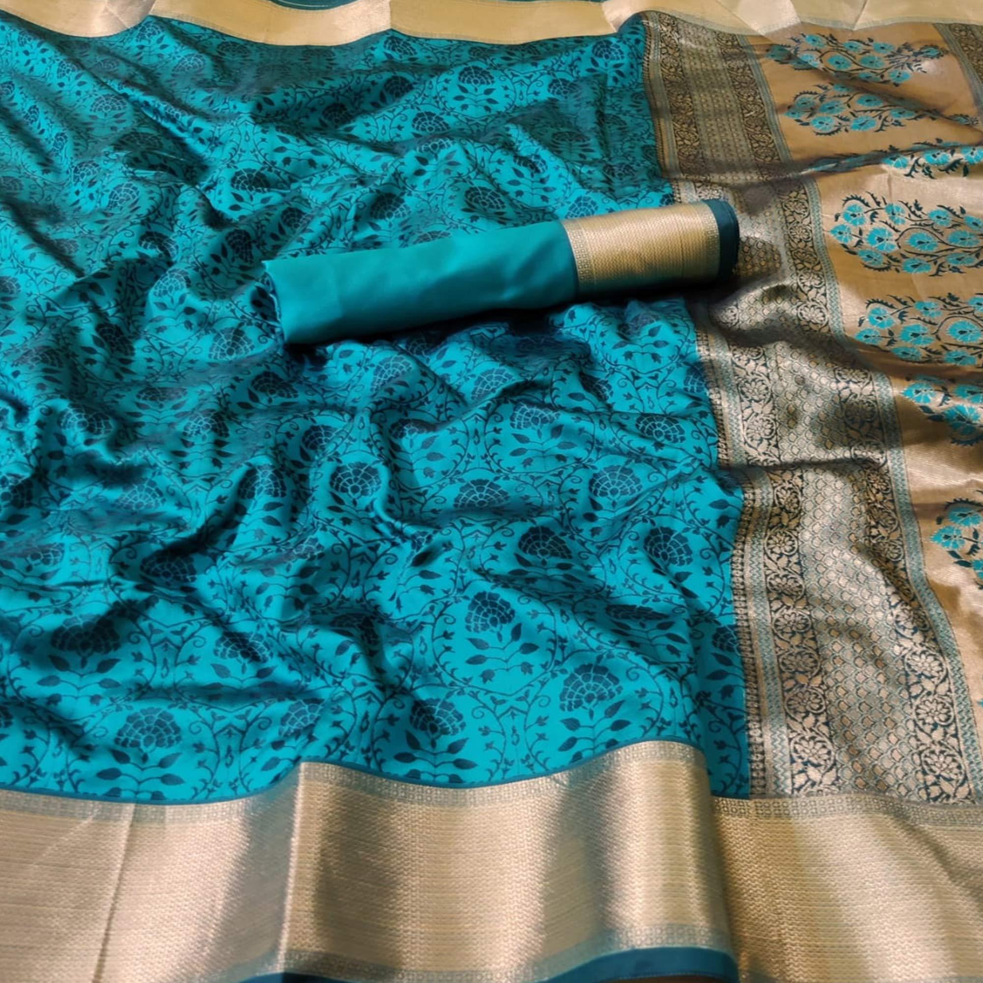 Captivating Aqua Blue Colored Festive Wear Woven Heavy Silk Saree - Peachmode